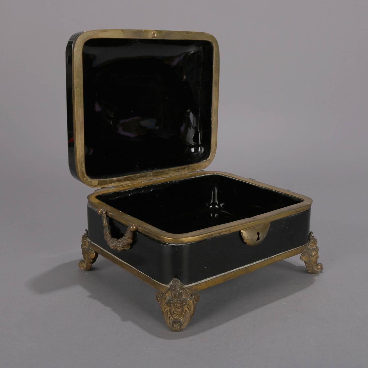 American Oversize Victorian Enamel Glass Dresser Box with Figural Gilt Bronze Mounts