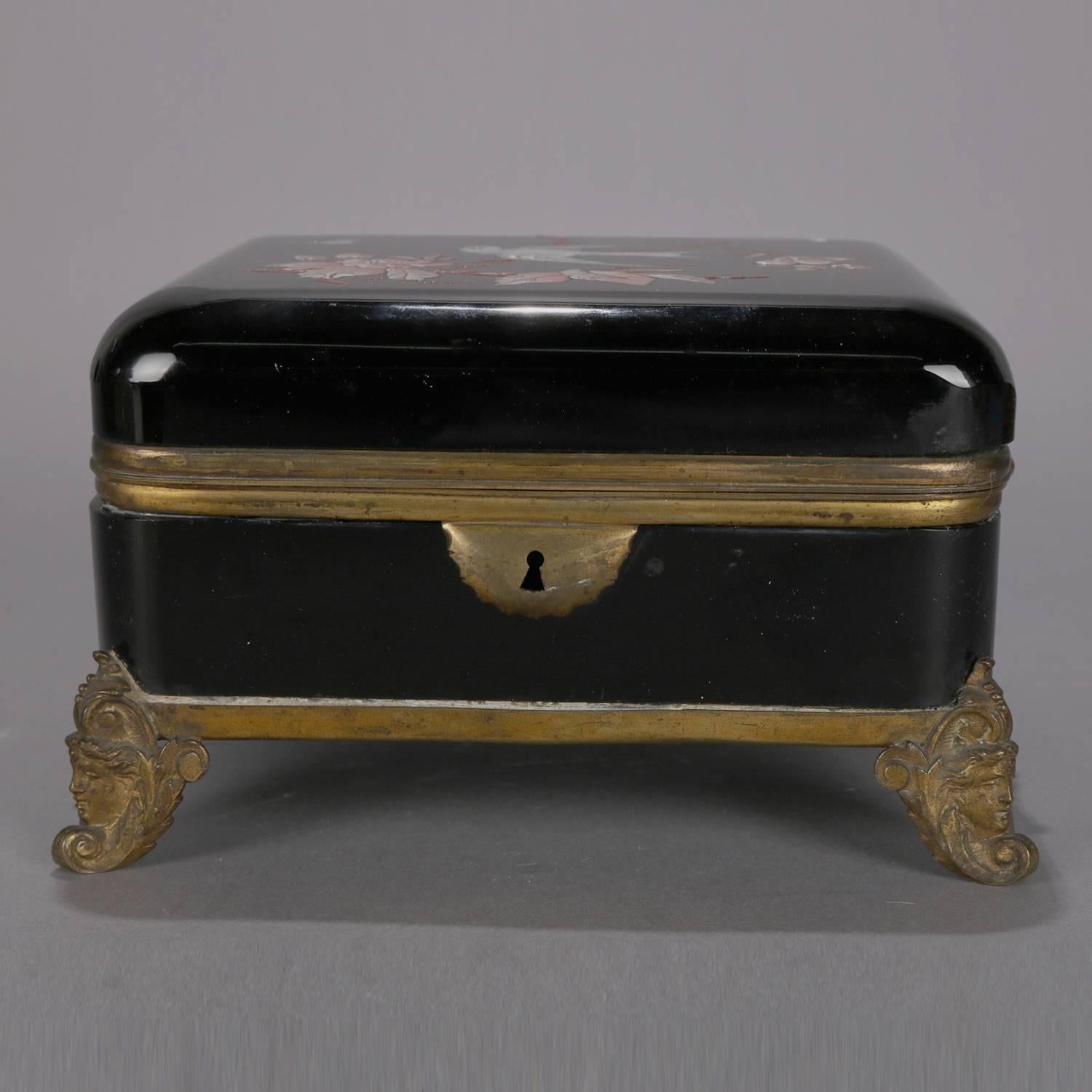 Oversize Victorian Enamel Glass Dresser Box with Figural Gilt Bronze Mounts In Good Condition In Big Flats, NY