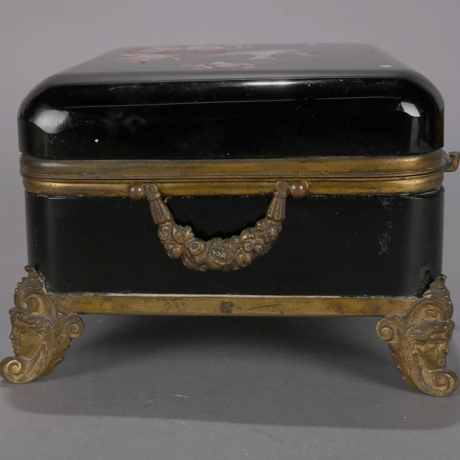 19th Century Oversize Victorian Enamel Glass Dresser Box with Figural Gilt Bronze Mounts