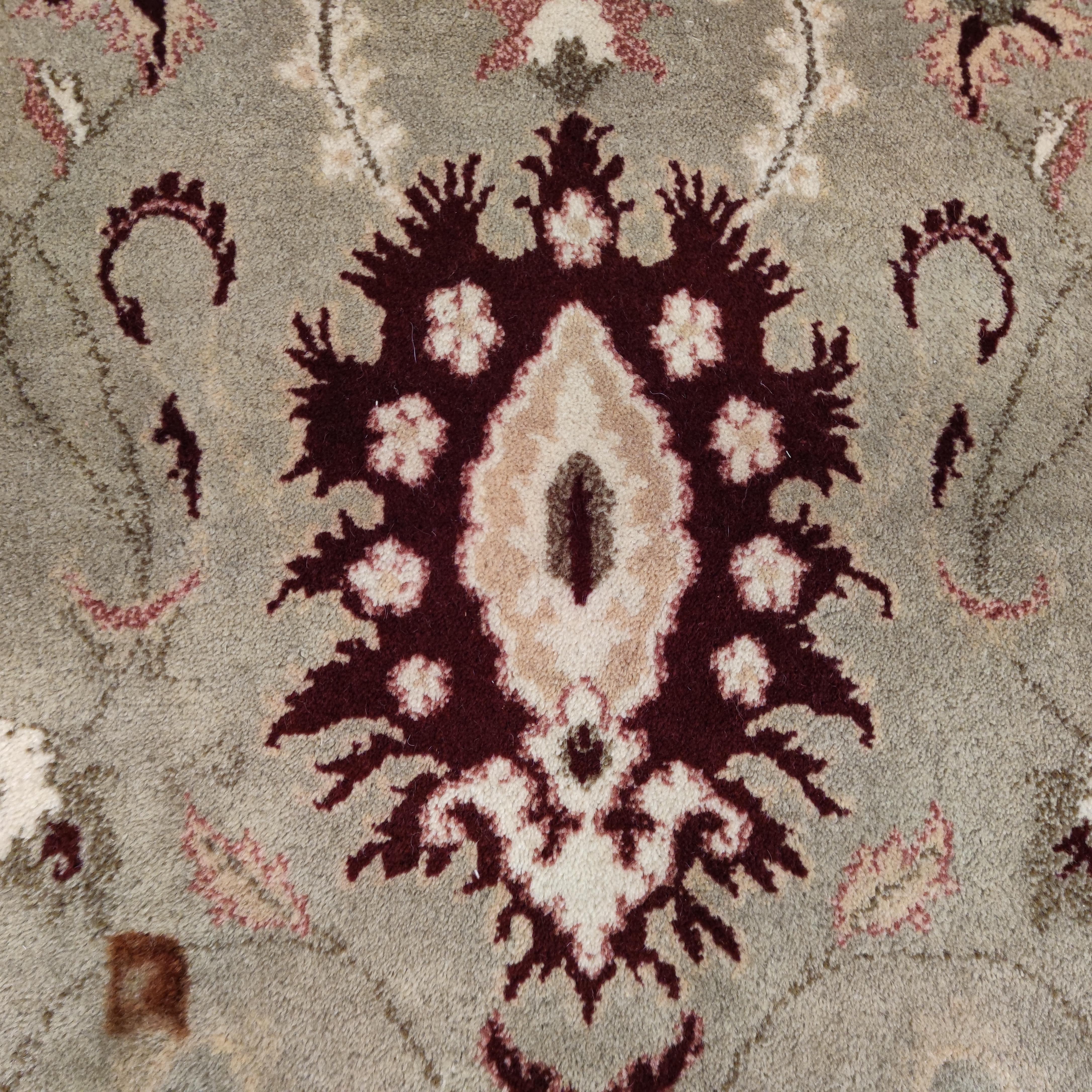 Oversize Vintage Celadon Green All-Over Design Agra Carpet with Ruby Red Border For Sale 3