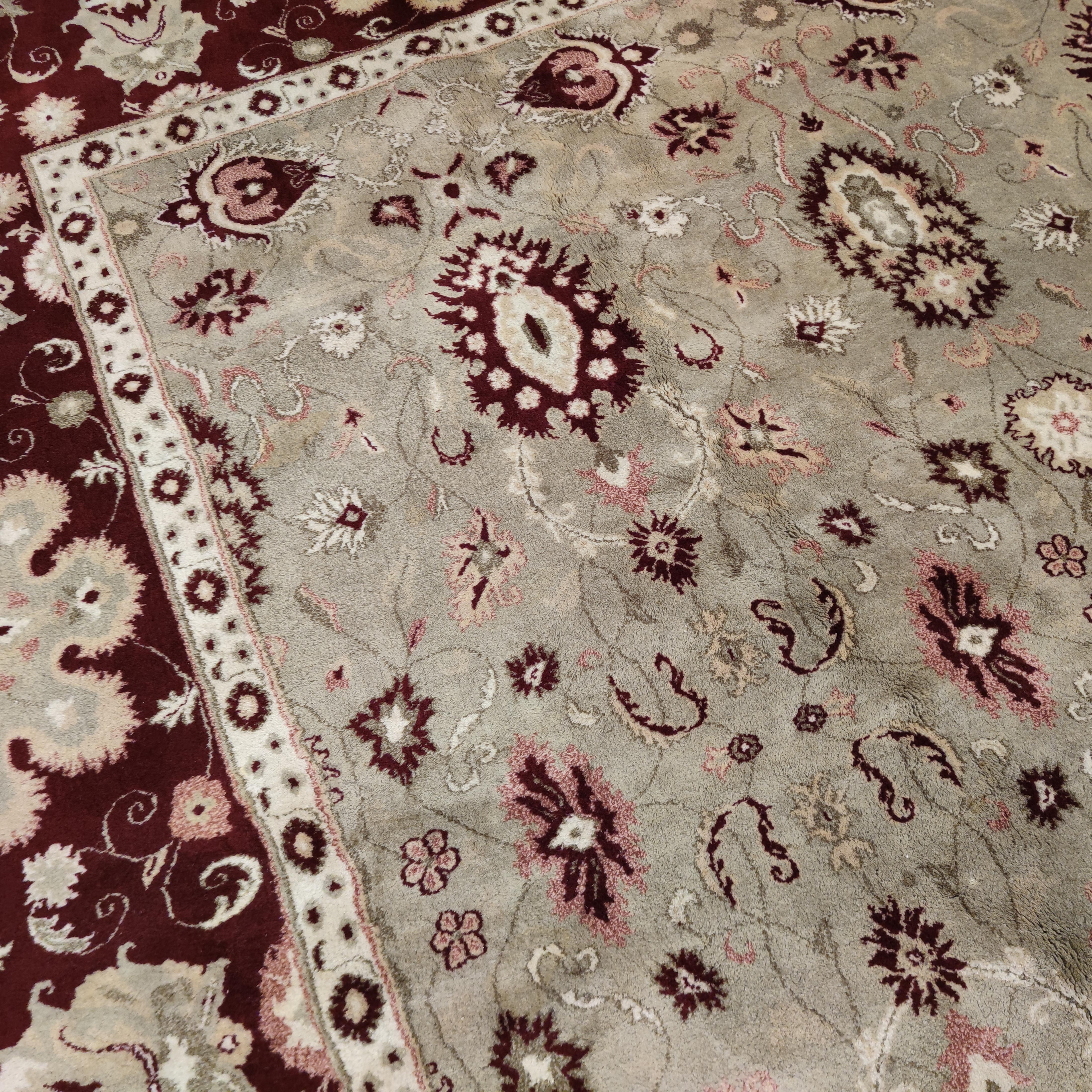 Oversize Vintage Celadon Green All-Over Design Agra Carpet with Ruby Red Border For Sale 6