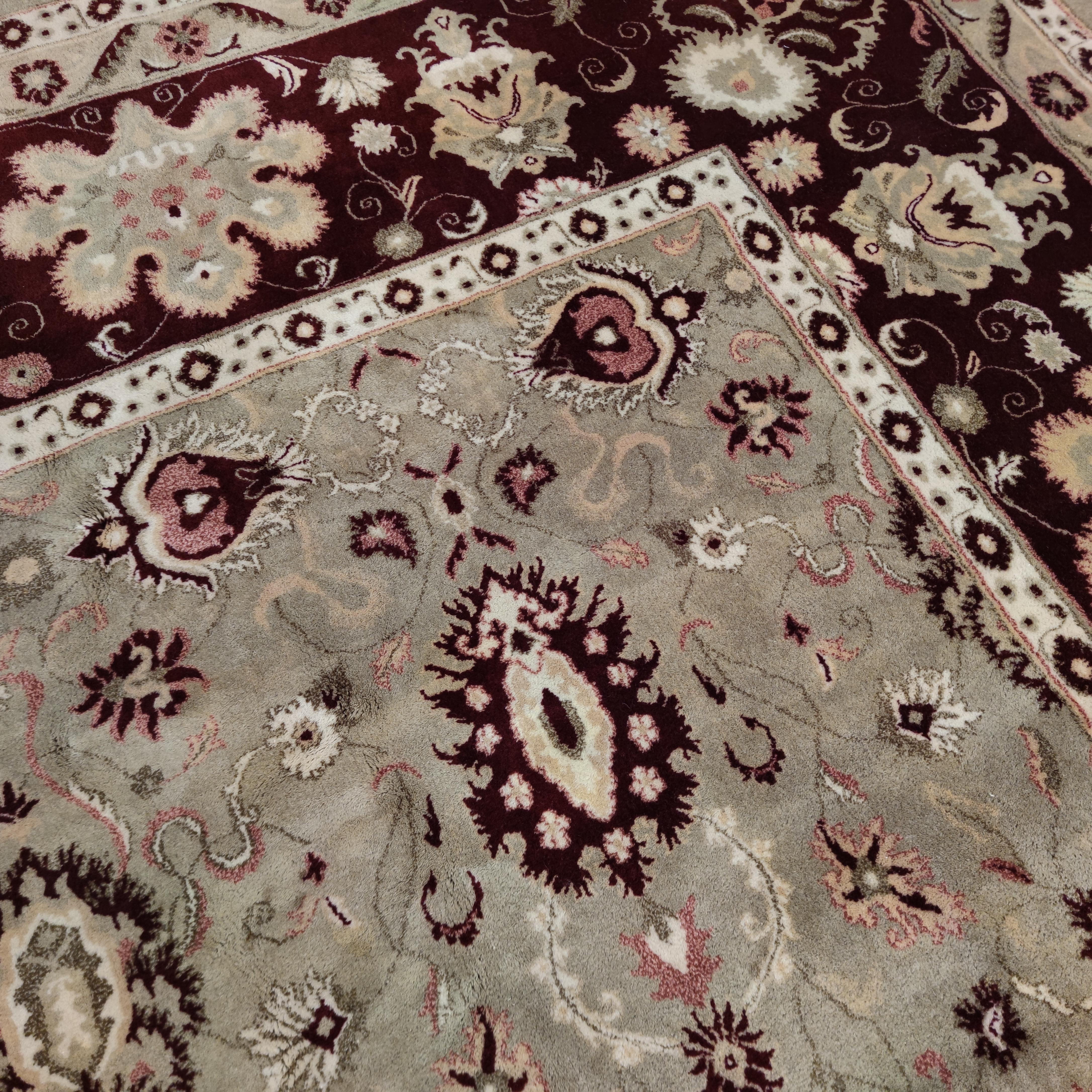 Oversize Vintage Celadon Green All-Over Design Agra Carpet with Ruby Red Border For Sale 8