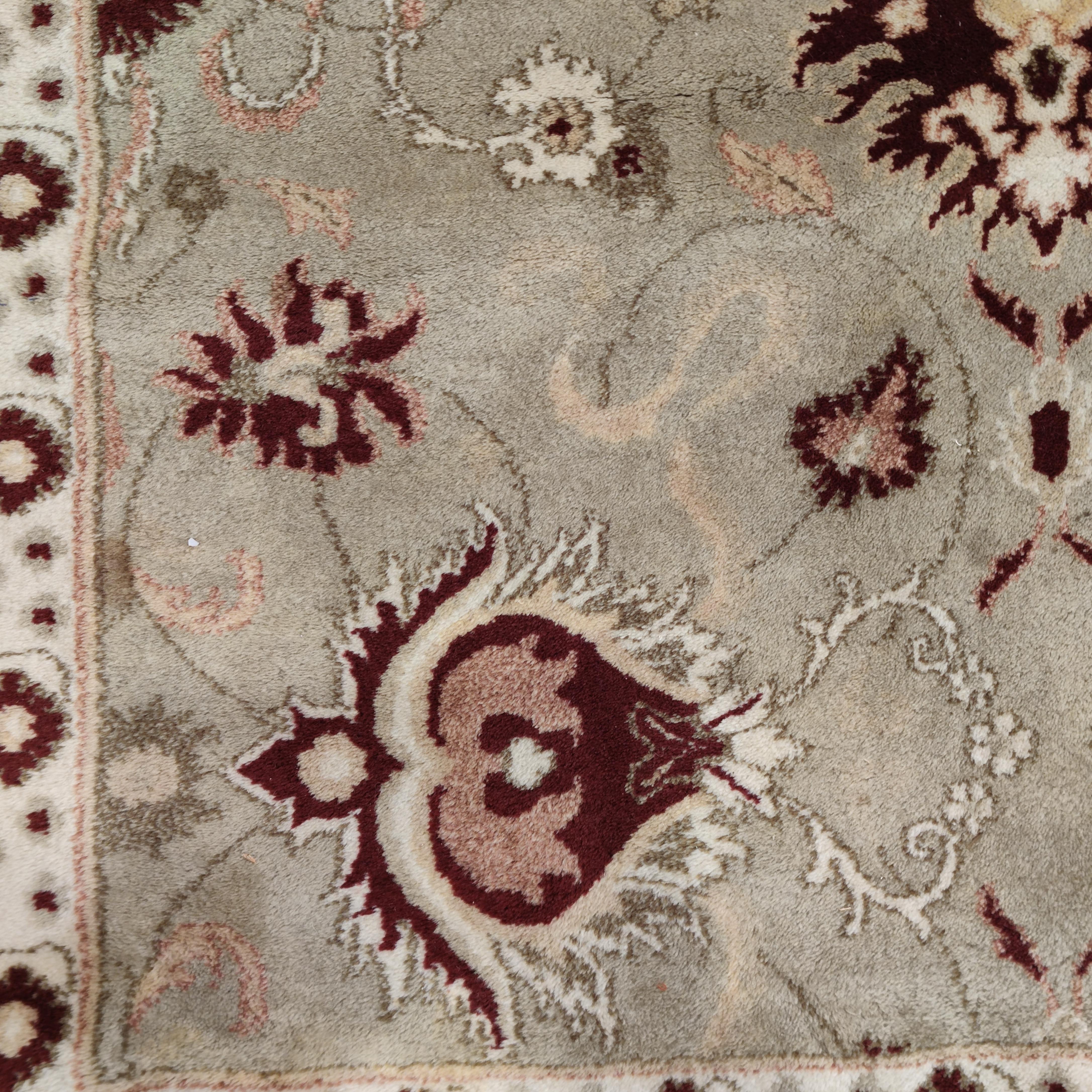 Indian Oversize Vintage Celadon Green All-Over Design Agra Carpet with Ruby Red Border For Sale