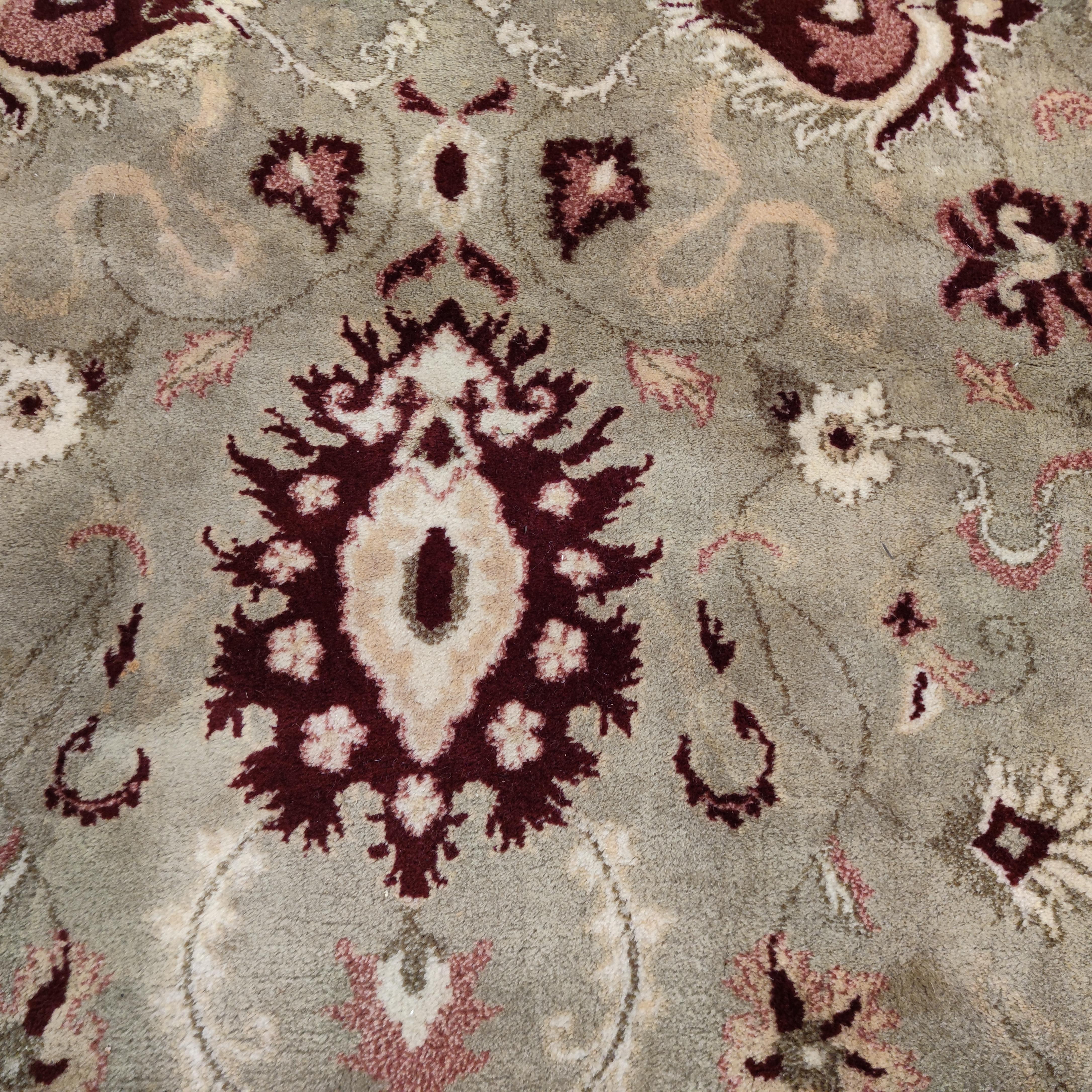 Oversize Vintage Celadon Green All-Over Design Agra Carpet with Ruby Red Border For Sale 1