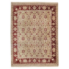 Übergroßer Vintage Celadon Grüner Agra-Teppich im All-Over-Design mit rubinroter Umrandung