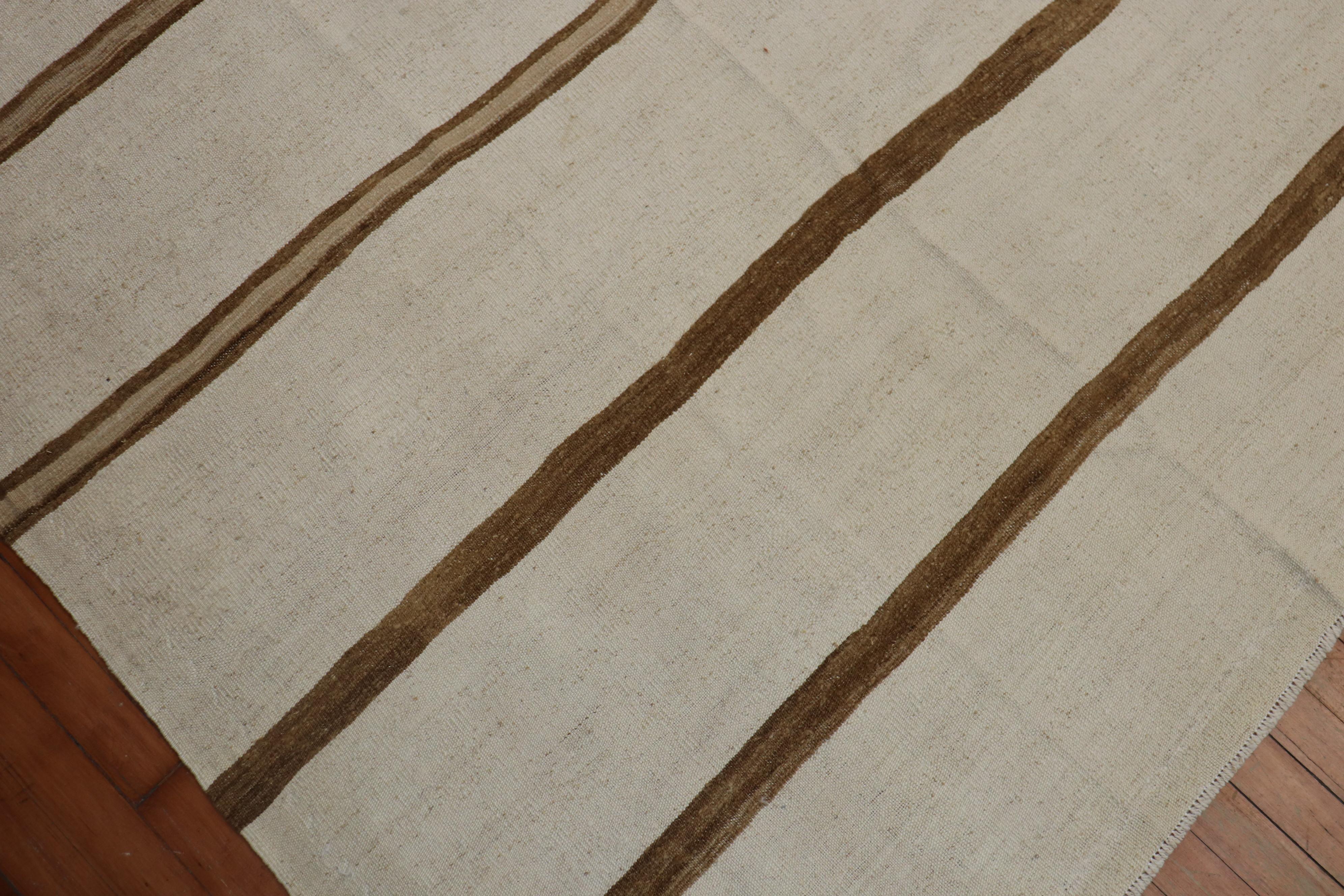 Modern Oversize White Brown Striped Turkish Kilim
