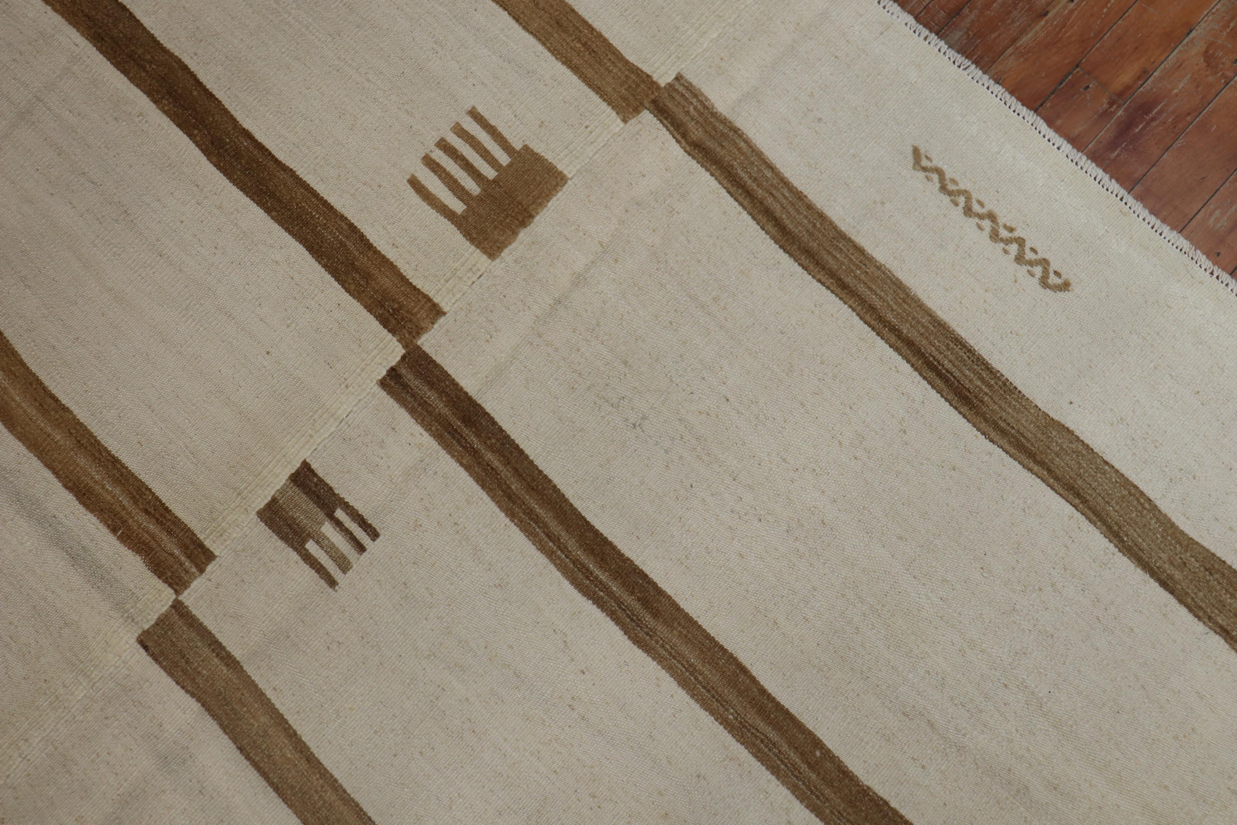 Wool Oversize White Brown Striped Turkish Kilim