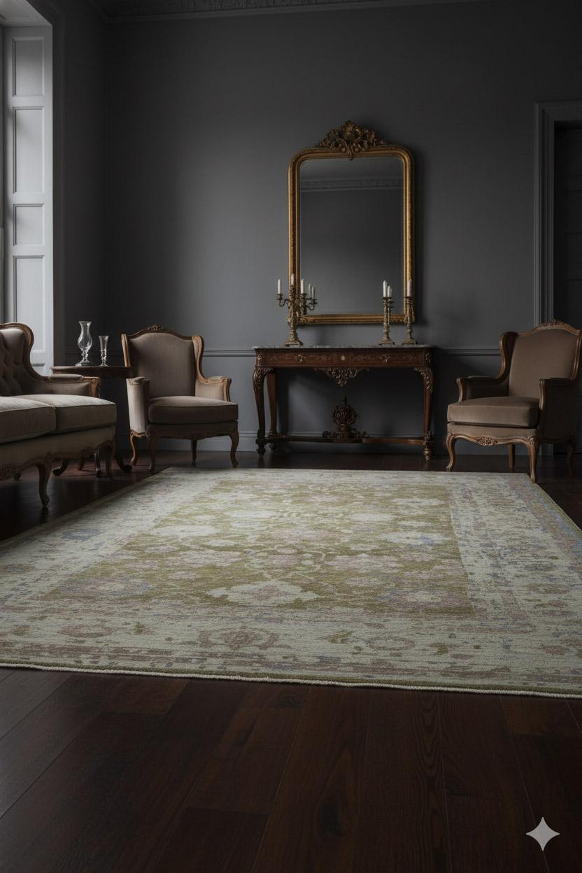 Questo tappeto intrecciato di grande formato presenta una spaziosa composizione allover incorniciata da ampi bordi. La tavolozza è incentrata sul verde oliva tenue, bilanciato da accenti di rosa tenue e blu pallido che creano un carattere delicato e