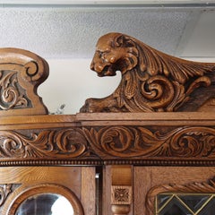Oversized 100"h RJ Horner School Figural Carved Oak Display Vitrine C1900