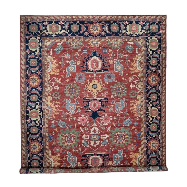 Oversized 12x16 Hand-Knotted Afghan Serapi Tribal Rug, Wool, Rust/Navy For Sale