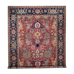 Oversized 12x16 Hand-Knotted Afghan Serapi Tribal Rug, Wool, Rust/Navy
