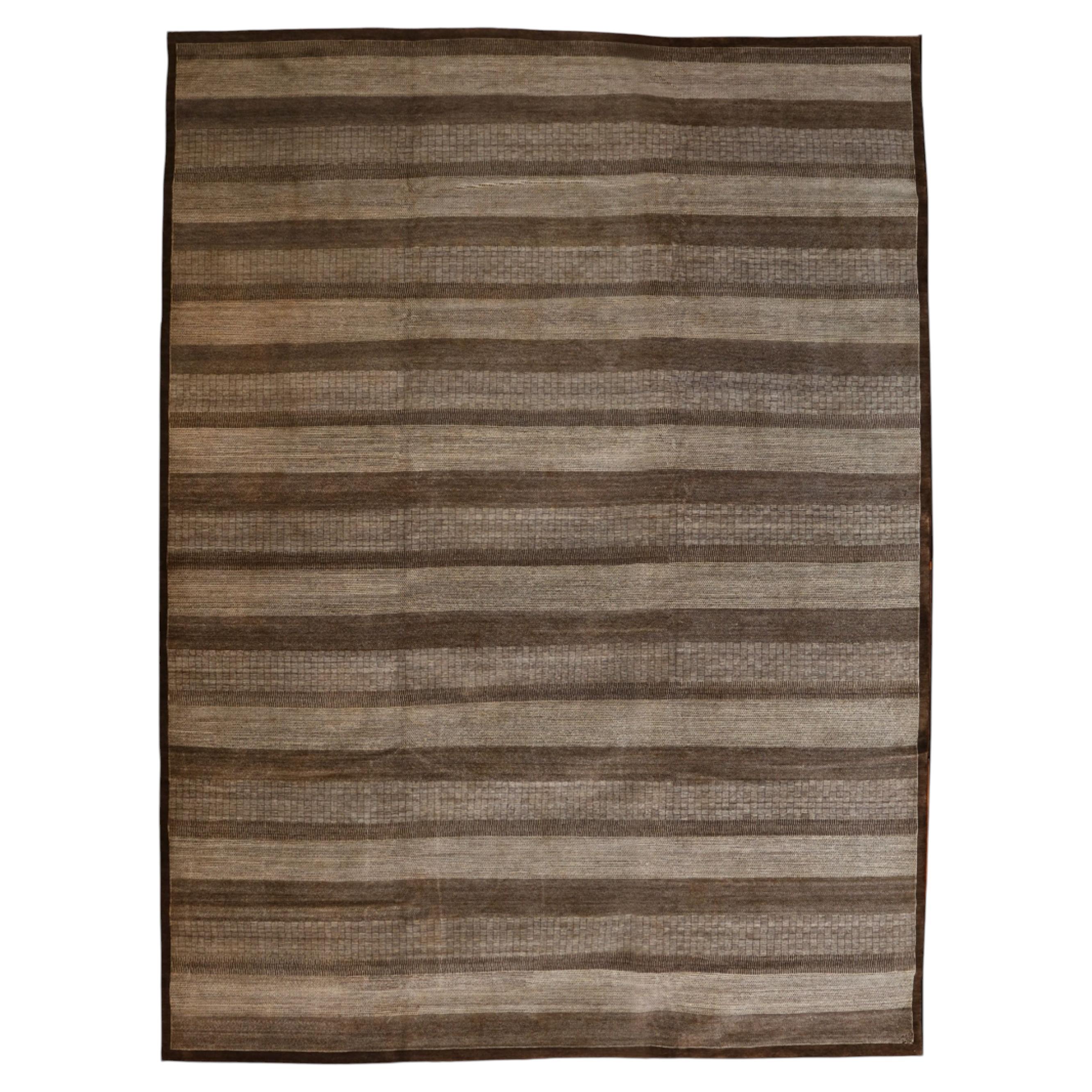 Tappeto oversize 12x16, annodato a mano, in lana a righe dai toni neutri e marroni