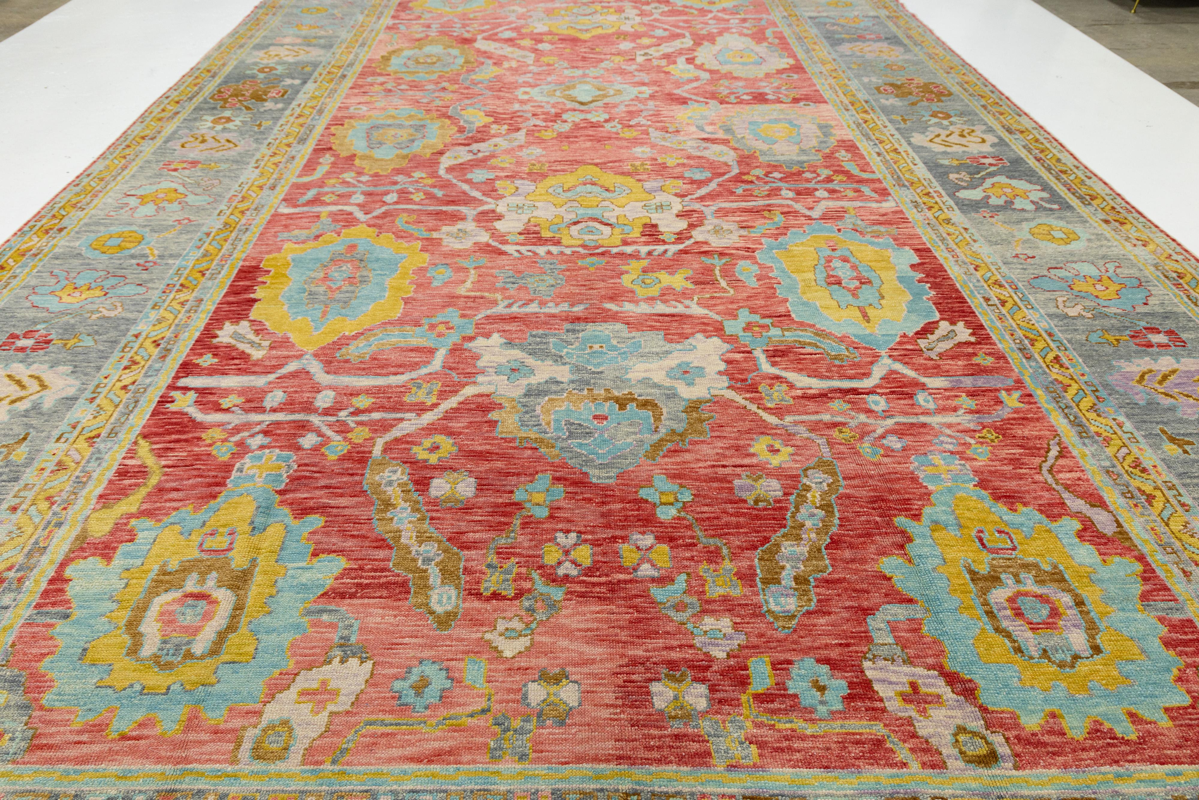 Oversized 12x25 Modern Turkish Oushak Rug in Red Hand-Knotted Wool en vente 4
