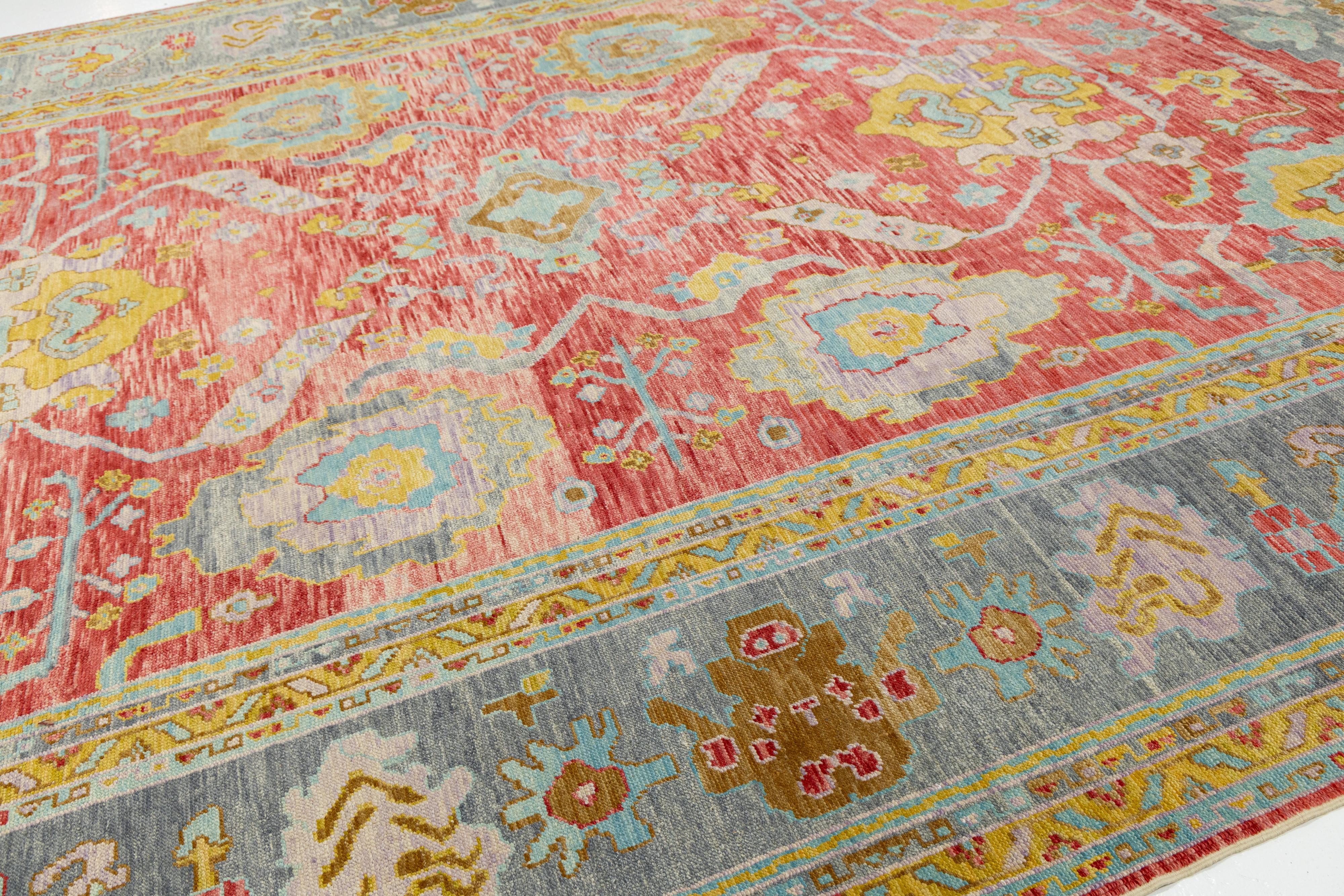 XXIe siècle et contemporain Oversized 12x25 Modern Turkish Oushak Rug in Red Hand-Knotted Wool en vente