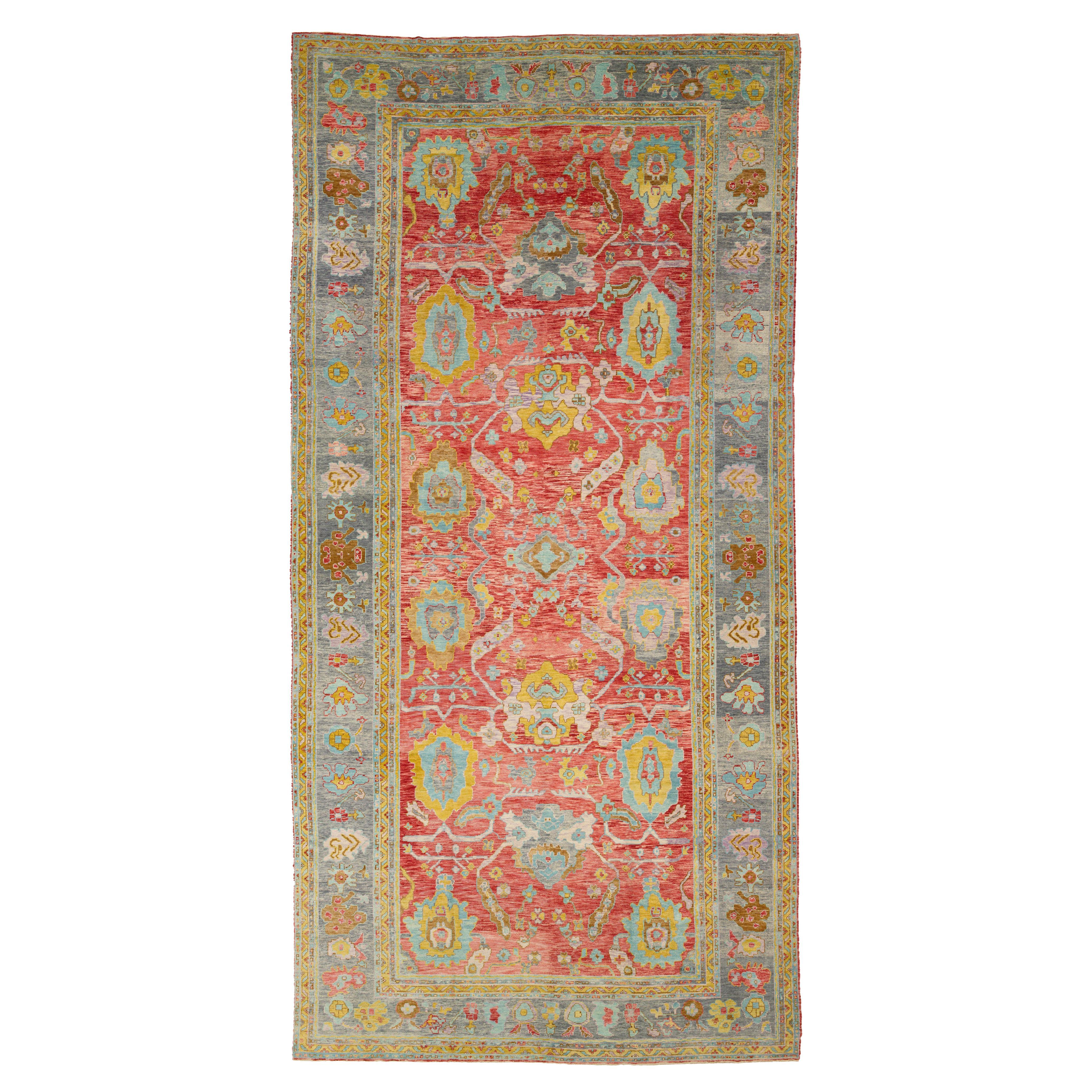 Oversized 12x25 Modern Turkish Oushak Rug in Red Hand-Knotted Wool en vente
