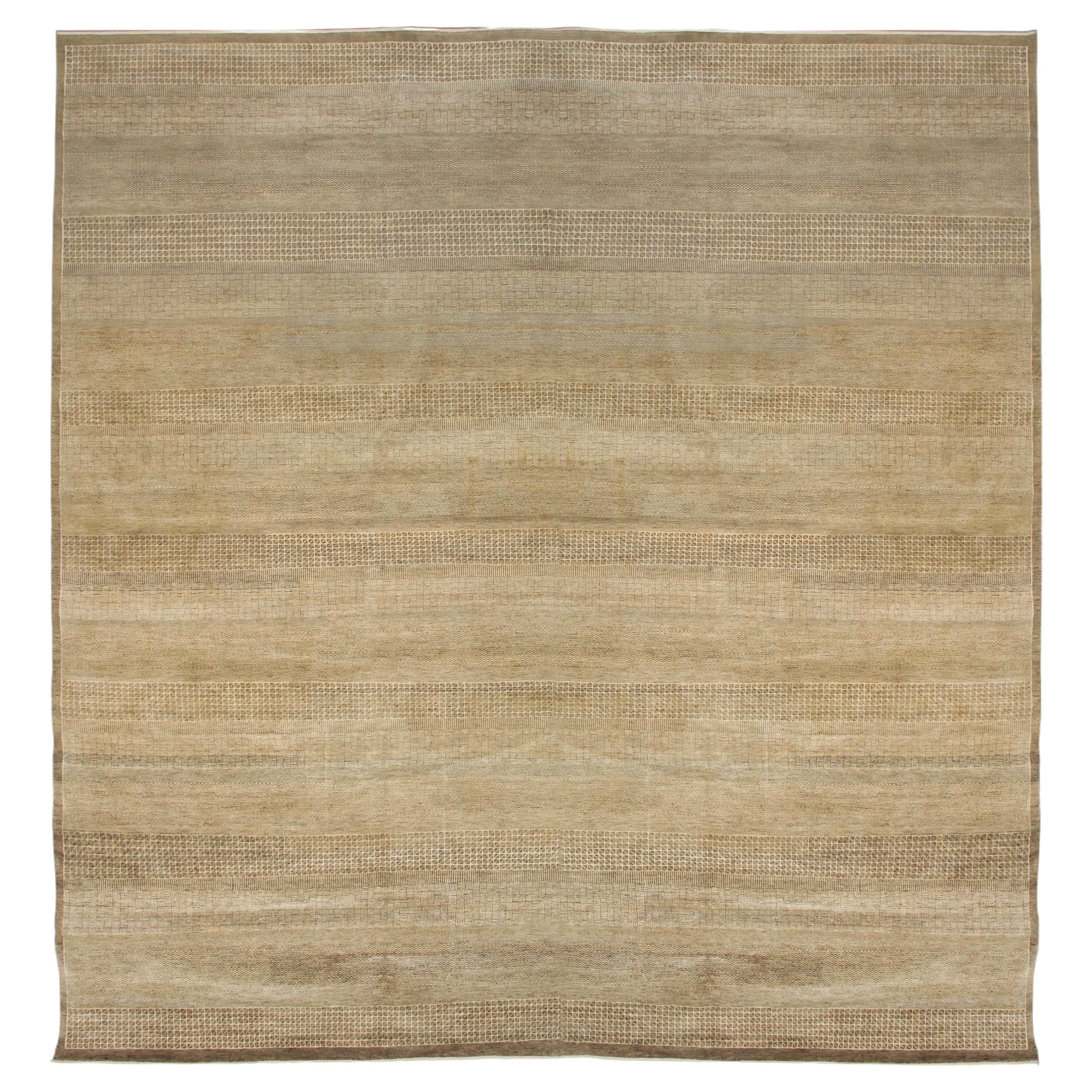 Square Oversized 15x15 Hand-Knotted Wool Rug in Neutral Geometric Stripe Design