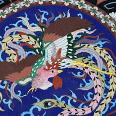 Oversized 18” Antique Japanese Cloisonne Scalloped Edge Charger with Pheasant