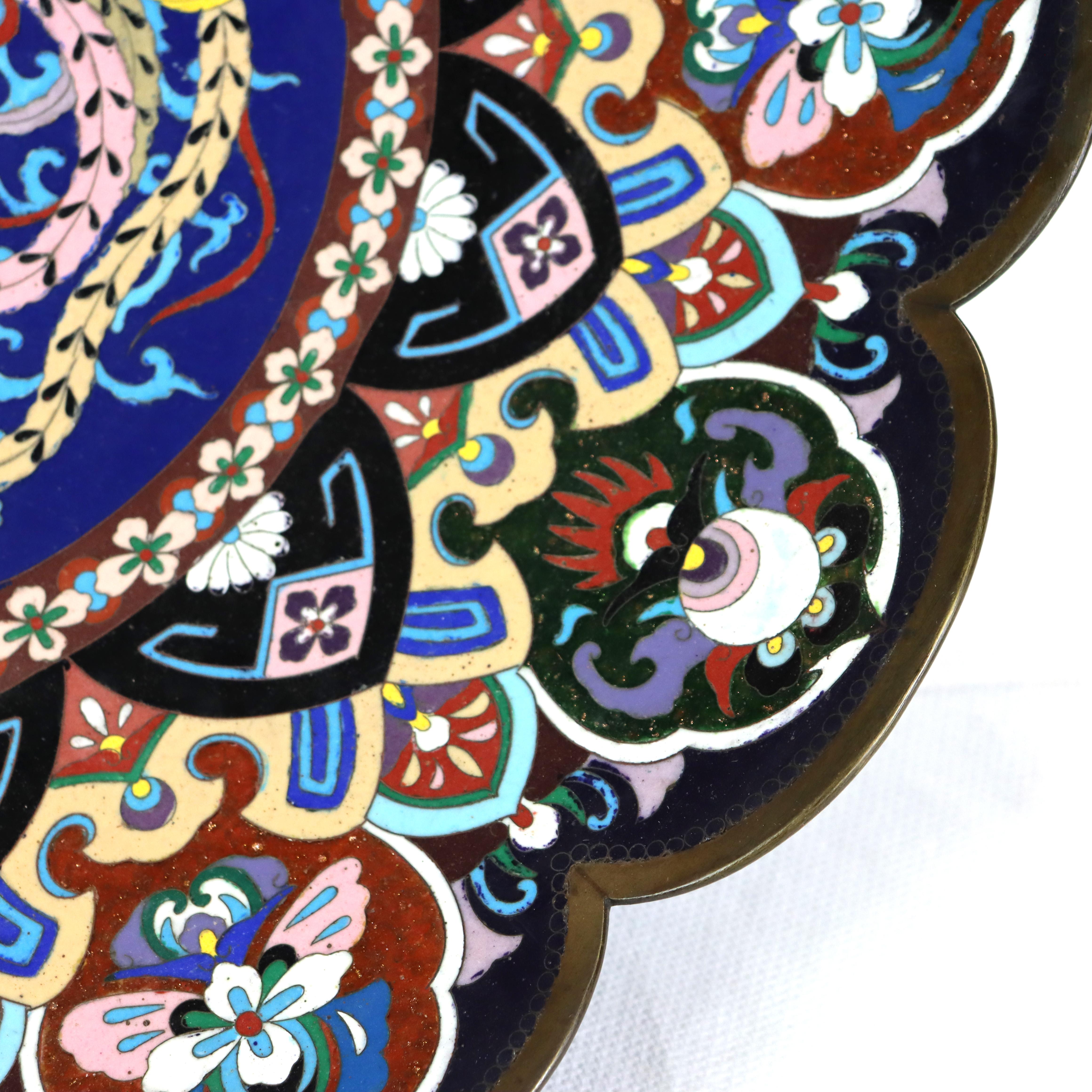 Oversized 18” Antique Japanese Cloisonne Scalloped Edge Charger with Pheasant In Good Condition In Big Flats, NY