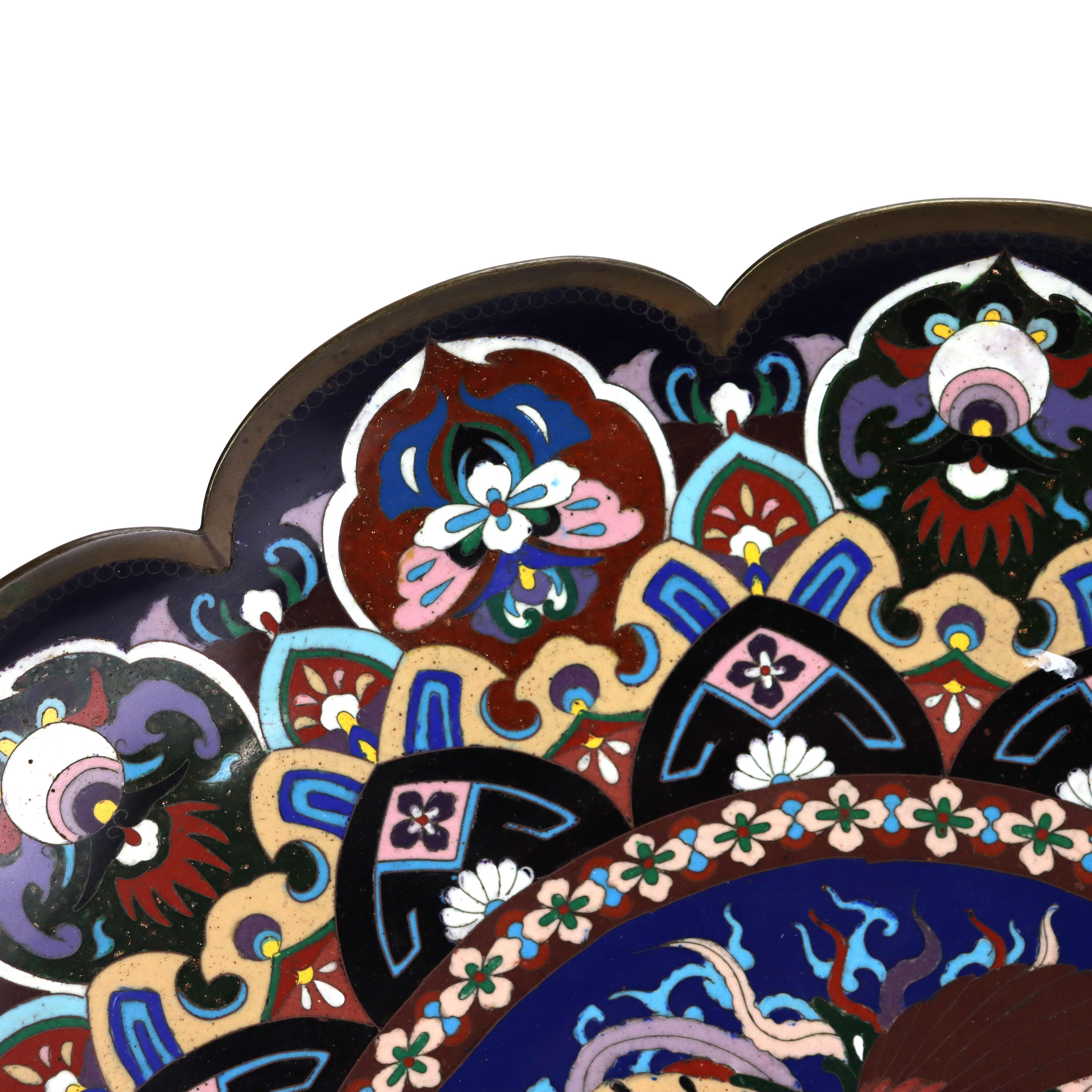 20th Century Oversized 18” Antique Japanese Cloisonne Scalloped Edge Charger with Pheasant