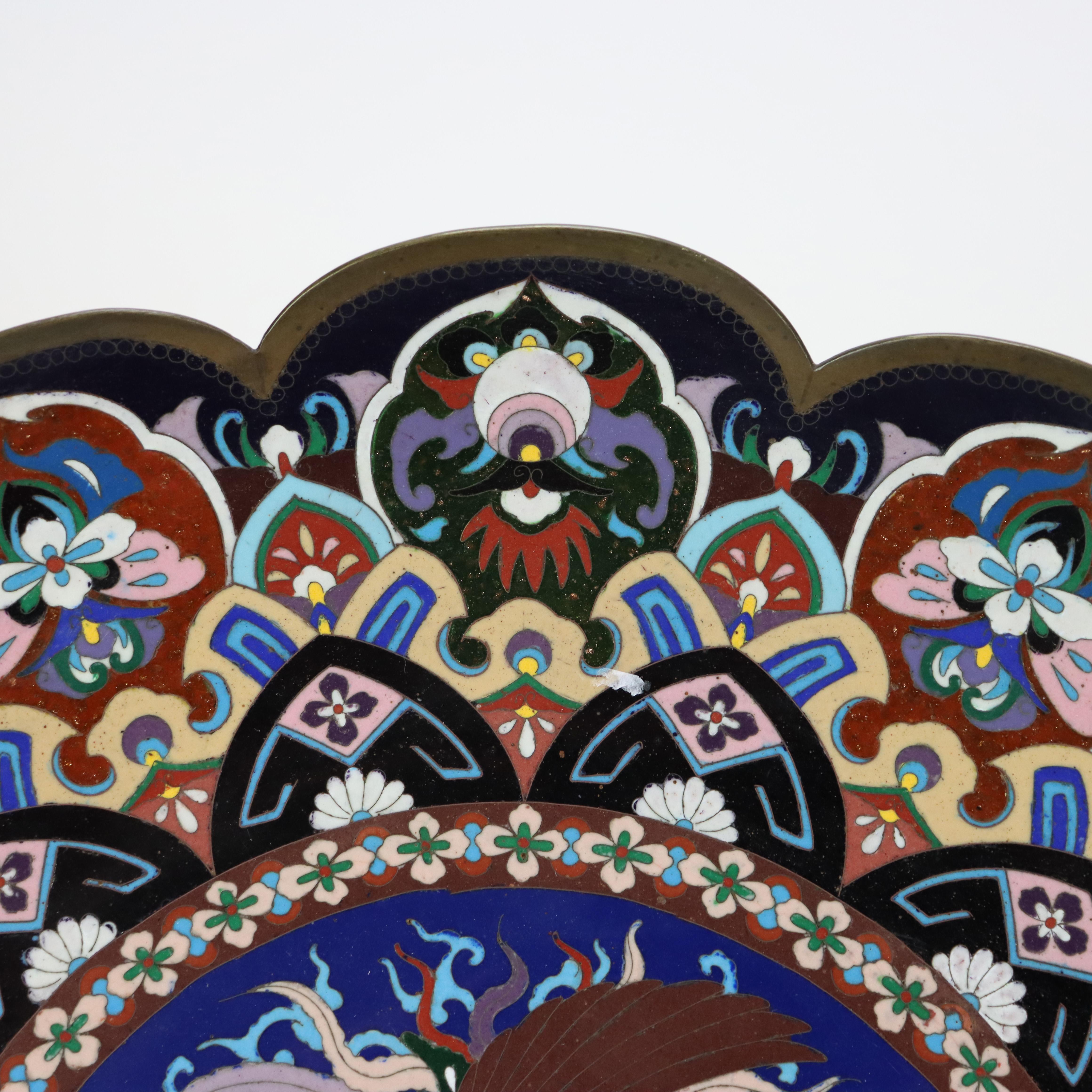 Metal Oversized 18” Antique Japanese Cloisonne Scalloped Edge Charger with Pheasant