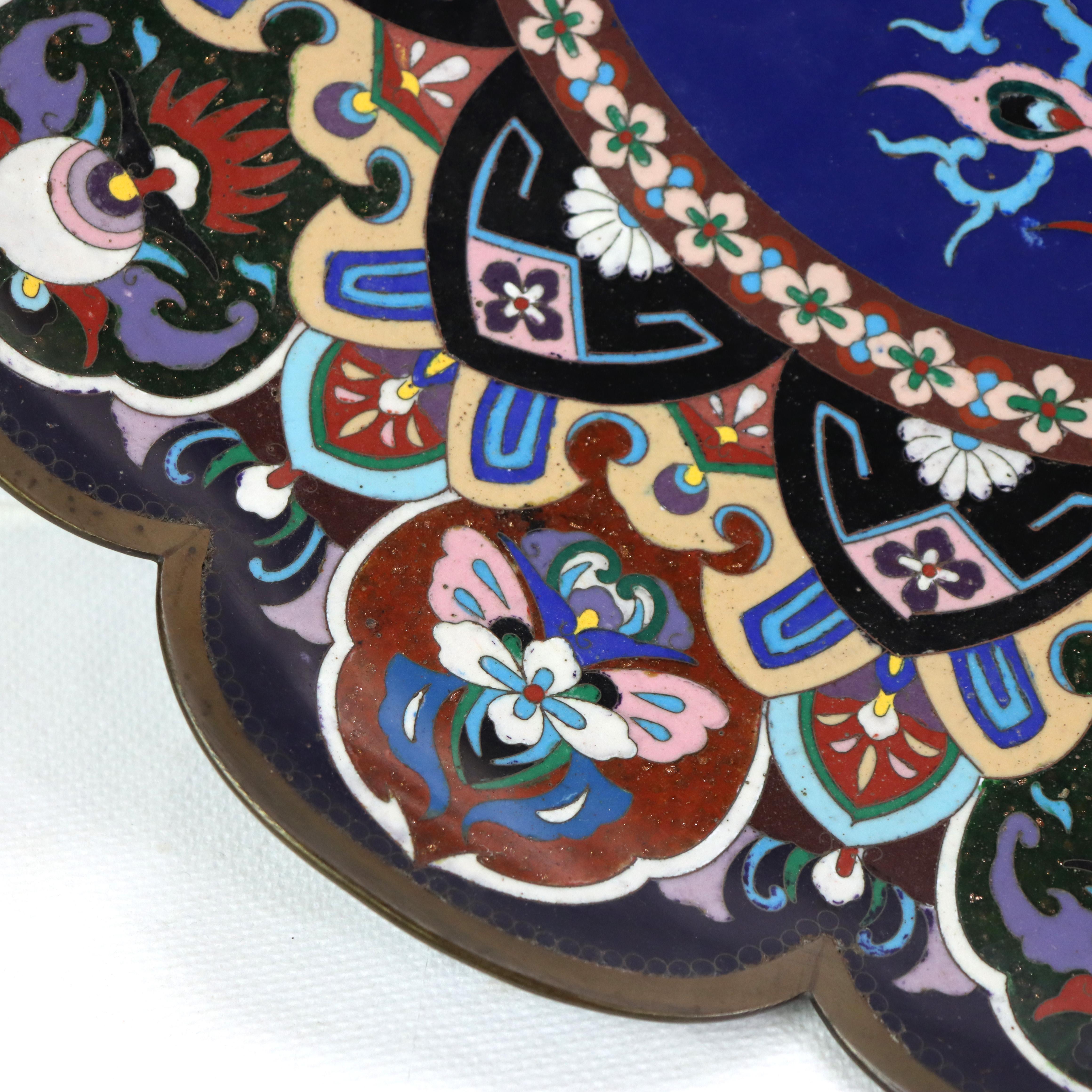 Oversized 18” Antique Japanese Cloisonne Scalloped Edge Charger with Pheasant 1
