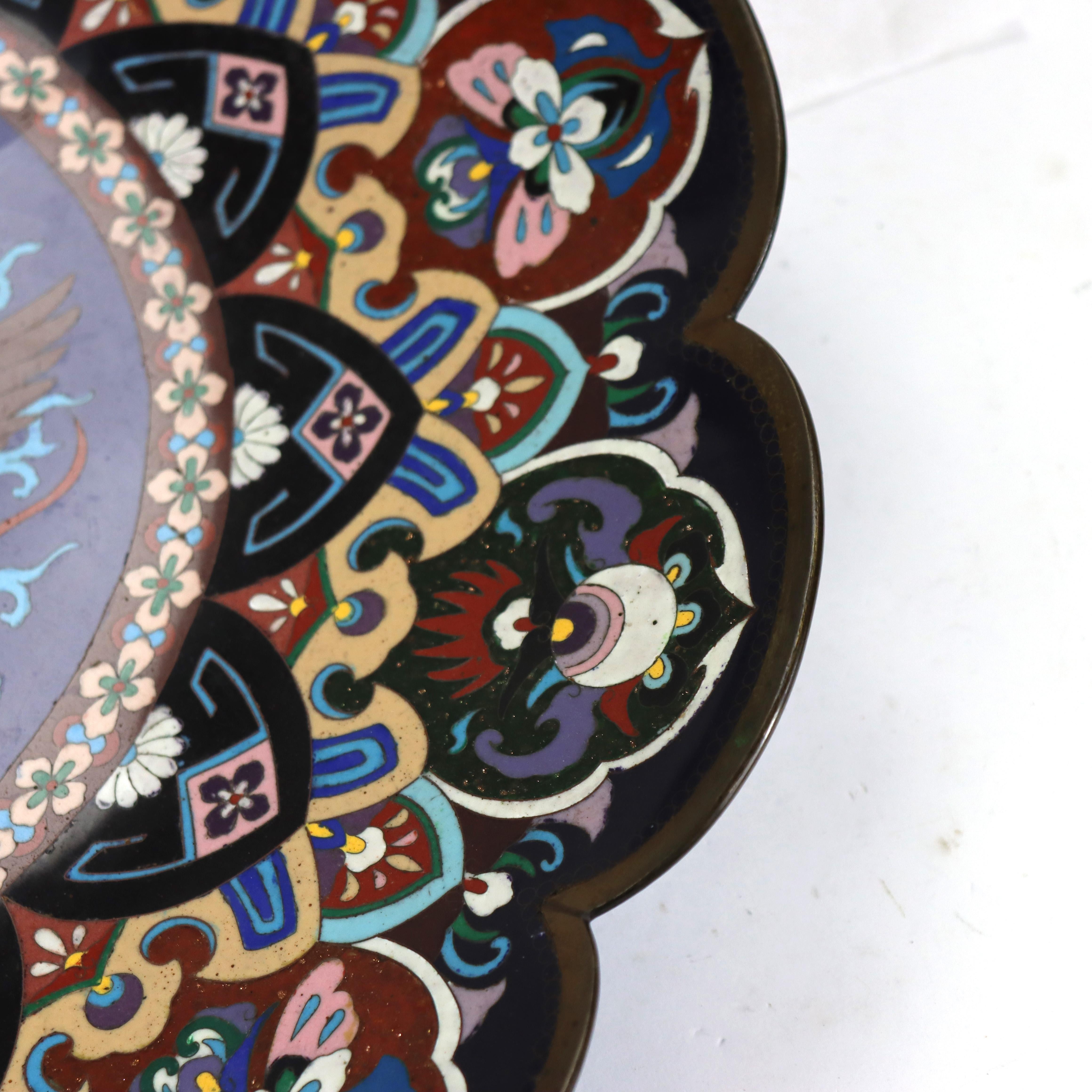 Oversized 18” Antique Japanese Cloisonne Scalloped Edge Charger with Pheasant 3