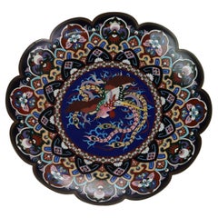 Oversized 18” Antique Japanese Cloisonne Scalloped Edge Charger with Pheasant