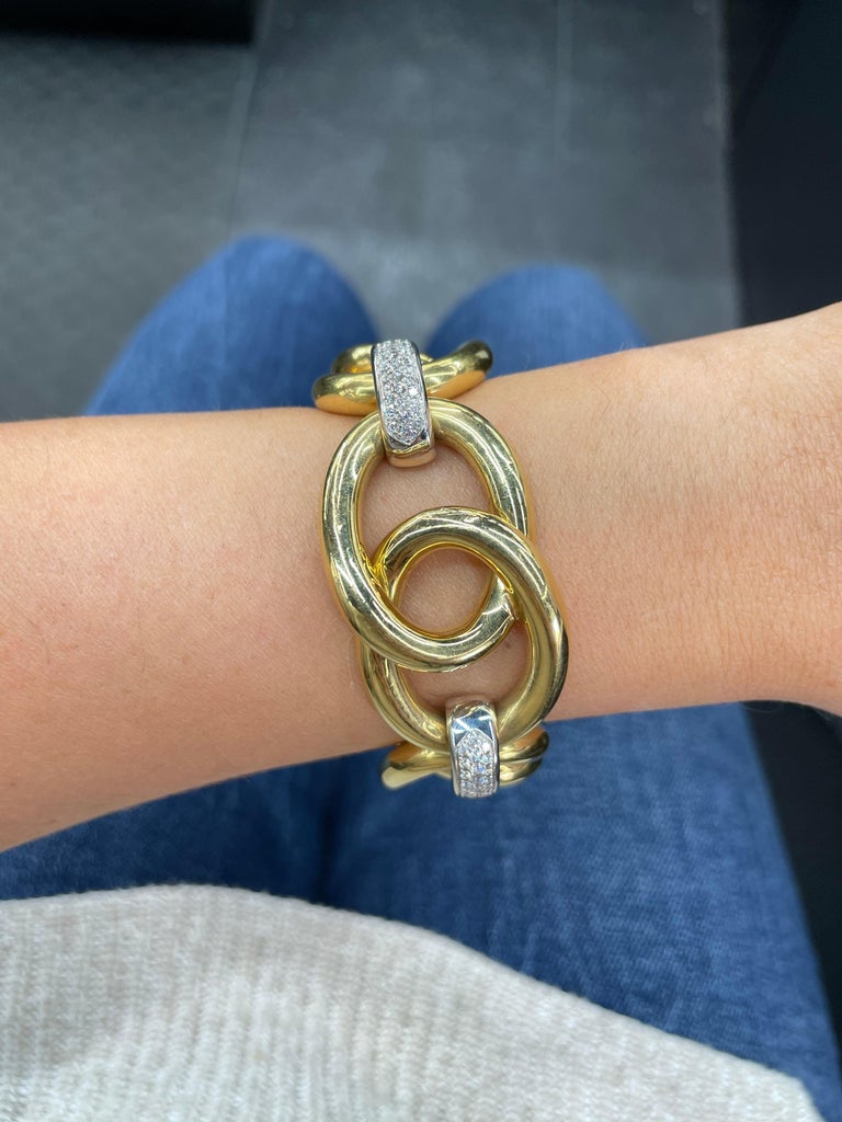 Oversized 18 Karat Yellow Gold Link Diamond Bracelet 66.6 Grams at 1stDibs