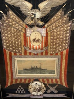 Oversized 1910 American Naval Silk Embroidered Souvenir Tapestry