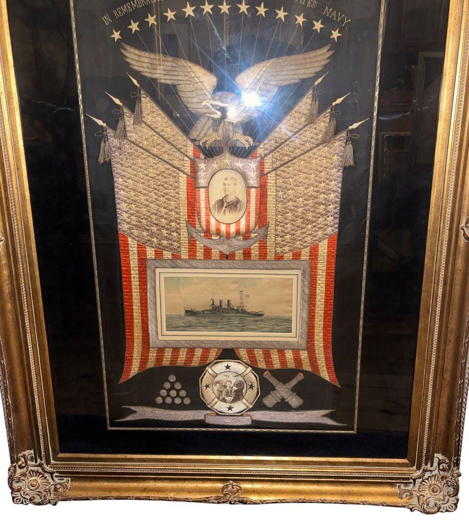 Überdimensionale 1910 American Naval Seide bestickt Souvenir Wandteppich im Zustand „Gut“ im Angebot in Los Angeles, CA
