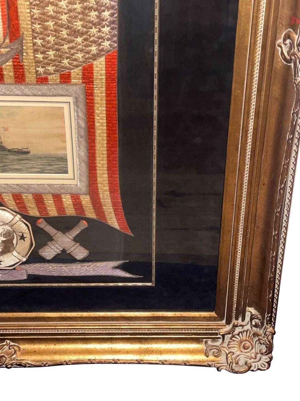 Überdimensionale 1910 American Naval Seide bestickt Souvenir Wandteppich (Frühes 20. Jahrhundert) im Angebot