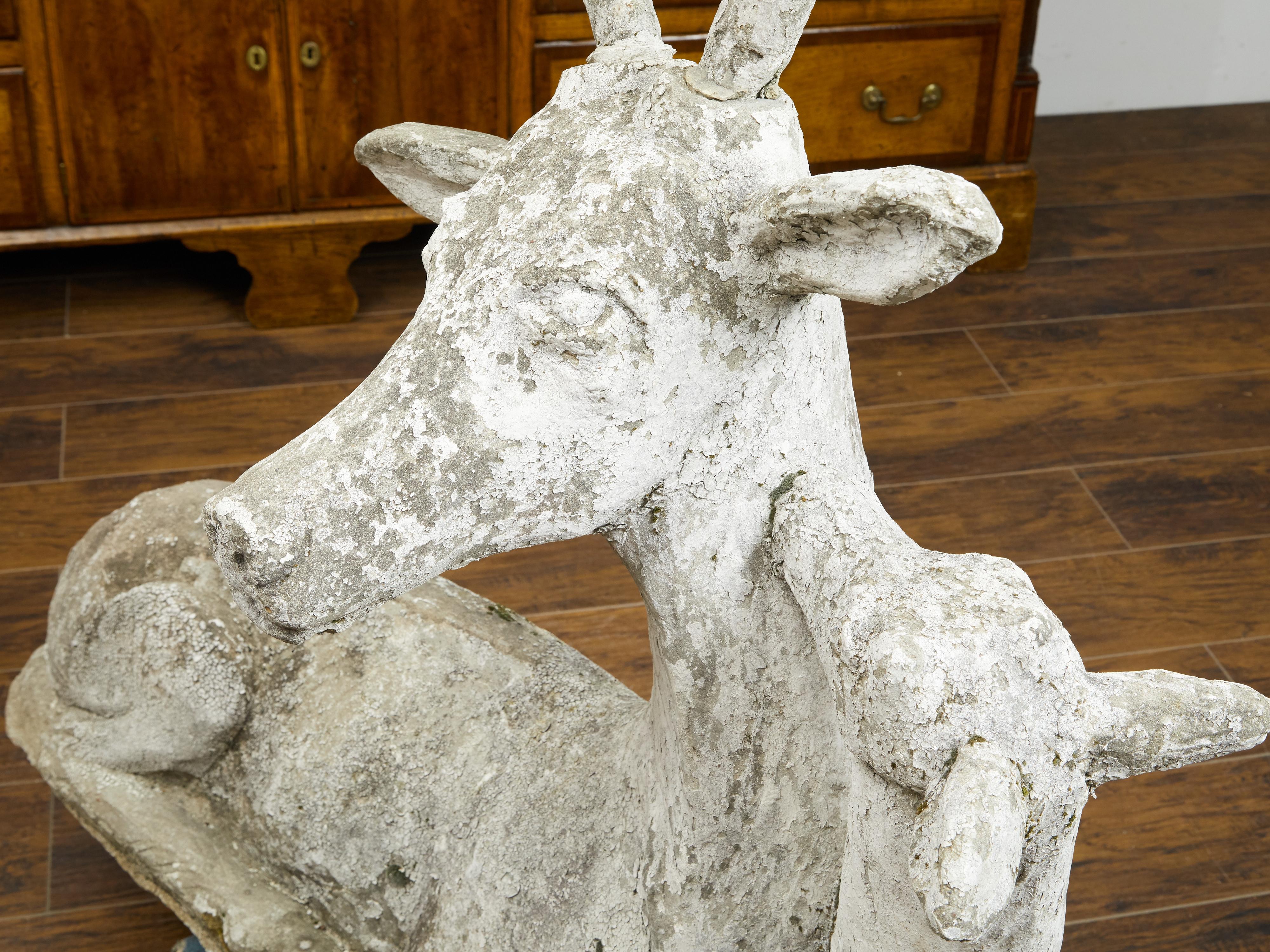 Oversized 1920s English Carved Stone Kissing Deer Group with Great Patina 2