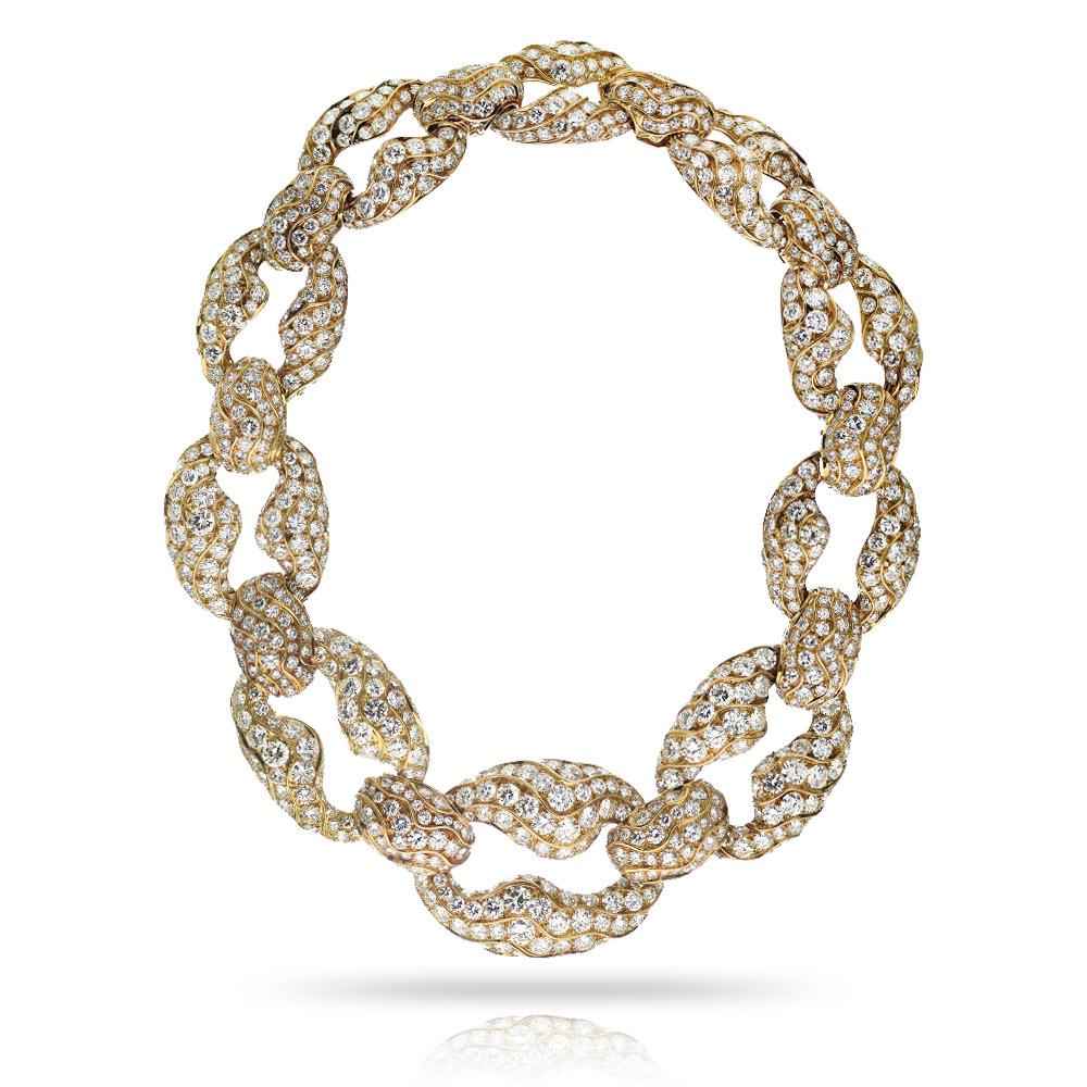 Modern 250 Carat 18K Yellow Gold Round Cut Diamond Link Collar Necklace