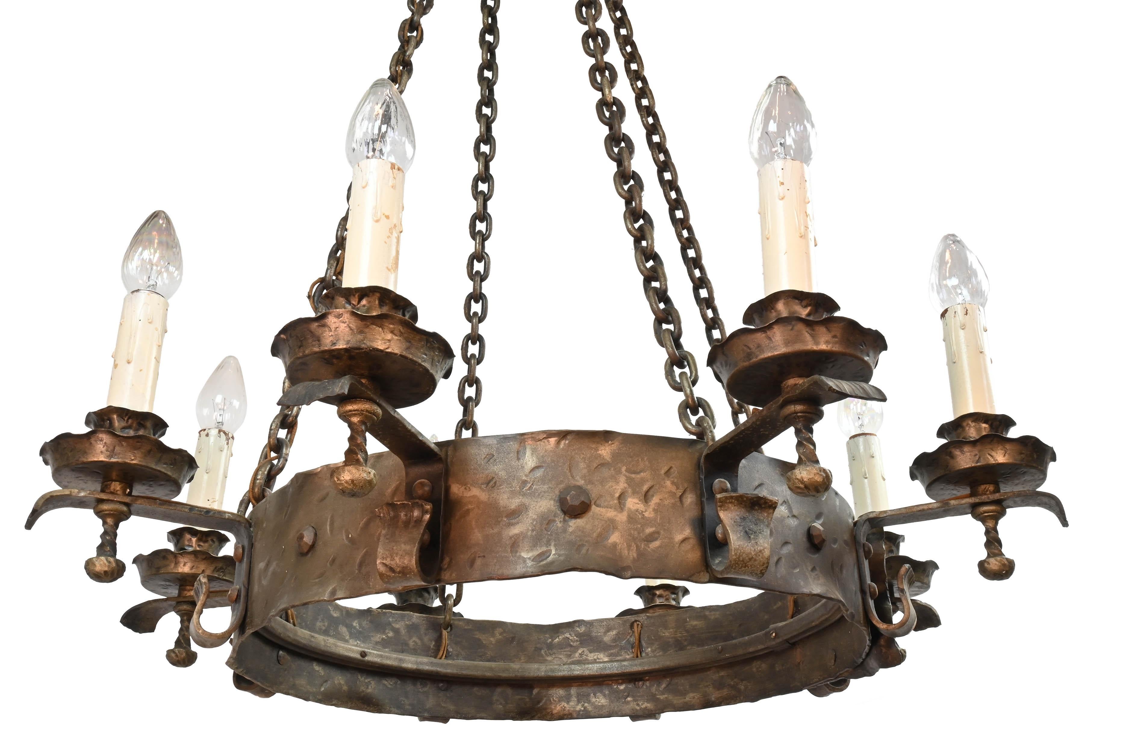 Oversized Hand Hammered Tudor 8 Candle Fixture For Sale 1
