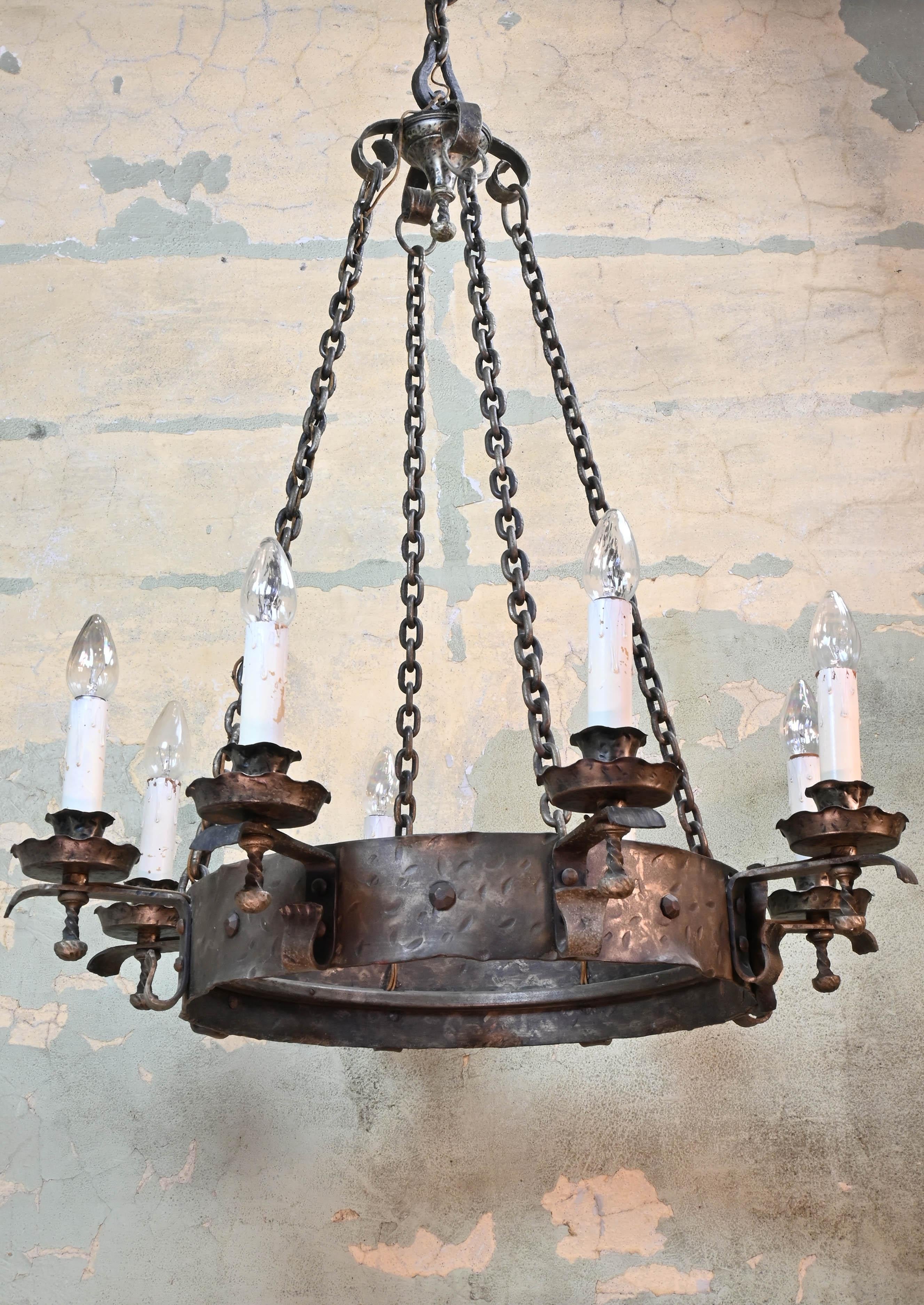 Oversized Hand Hammered Tudor 8 Candle Fixture For Sale 2