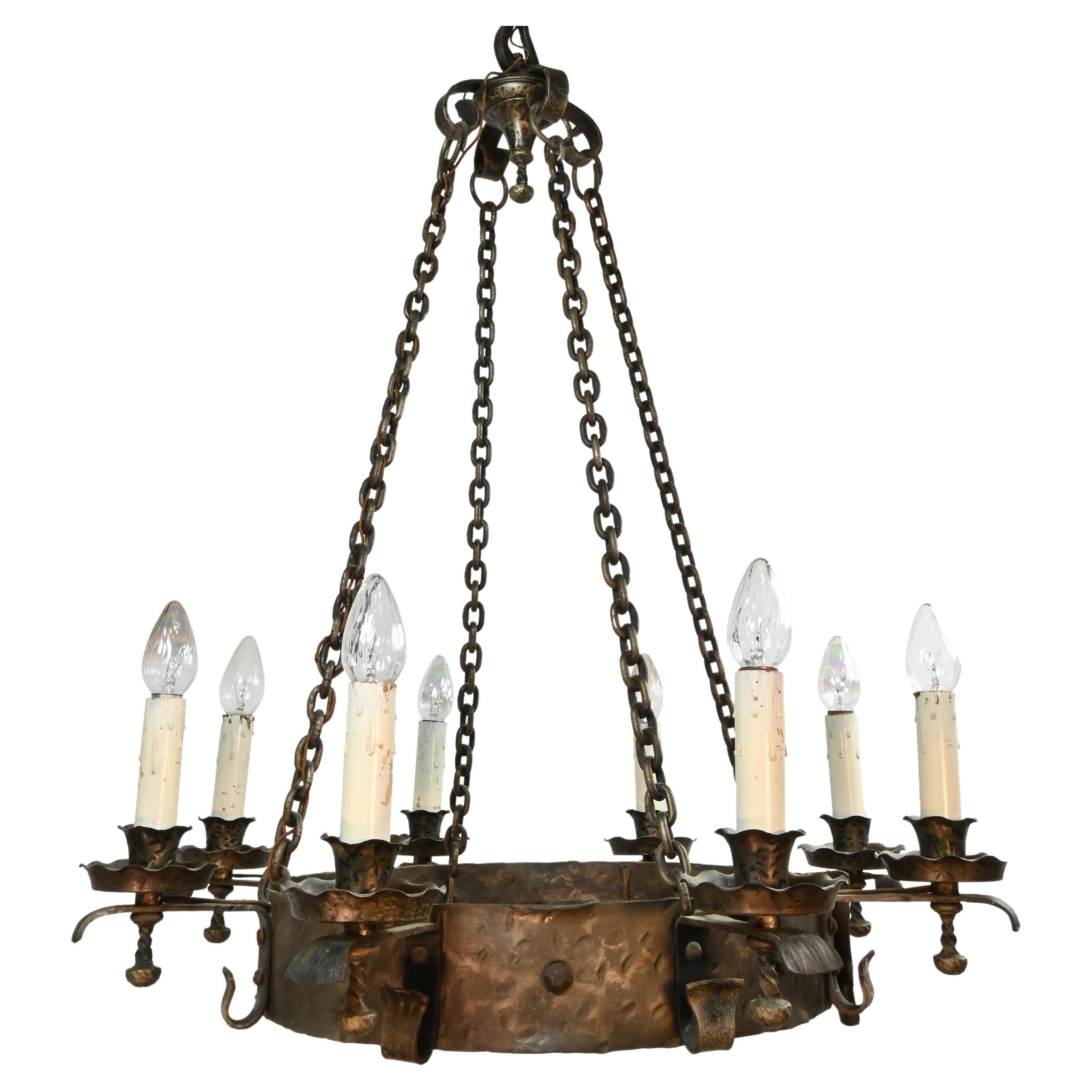 Oversized Hand Hammered Tudor 8 Candle Fixture For Sale
