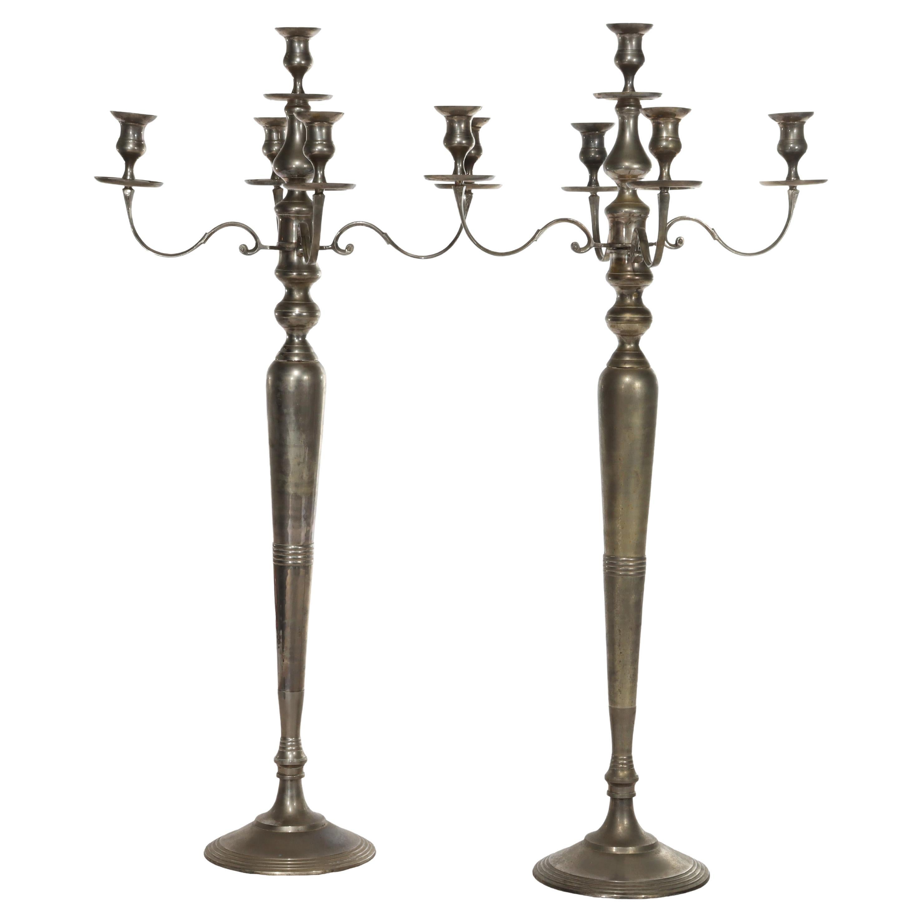 Oversized 5.5' Pair Of Antique Silver Gilt Metal Parlor Floor Candelabra c1920