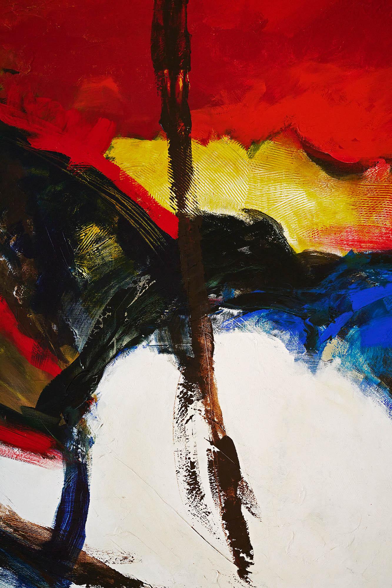 This oversized acrylic on canvas is by French artist Pascal Magis. Known for his use of color, this would add flare to any interior. Dominant colors are red, black, yellow and blue. Dramatic shapes and strokes overwhelm the canvas with dancing