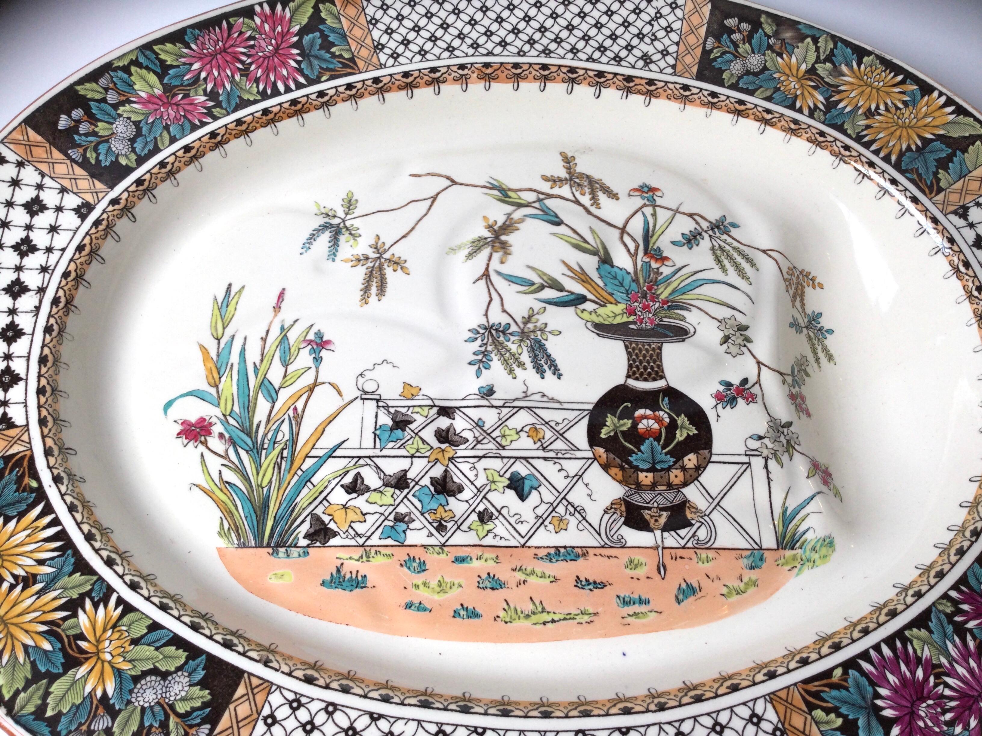19th Century Oversized Aesthetic Period Copland Ironstone Chrysanthemum Pattern Meat Platter For Sale