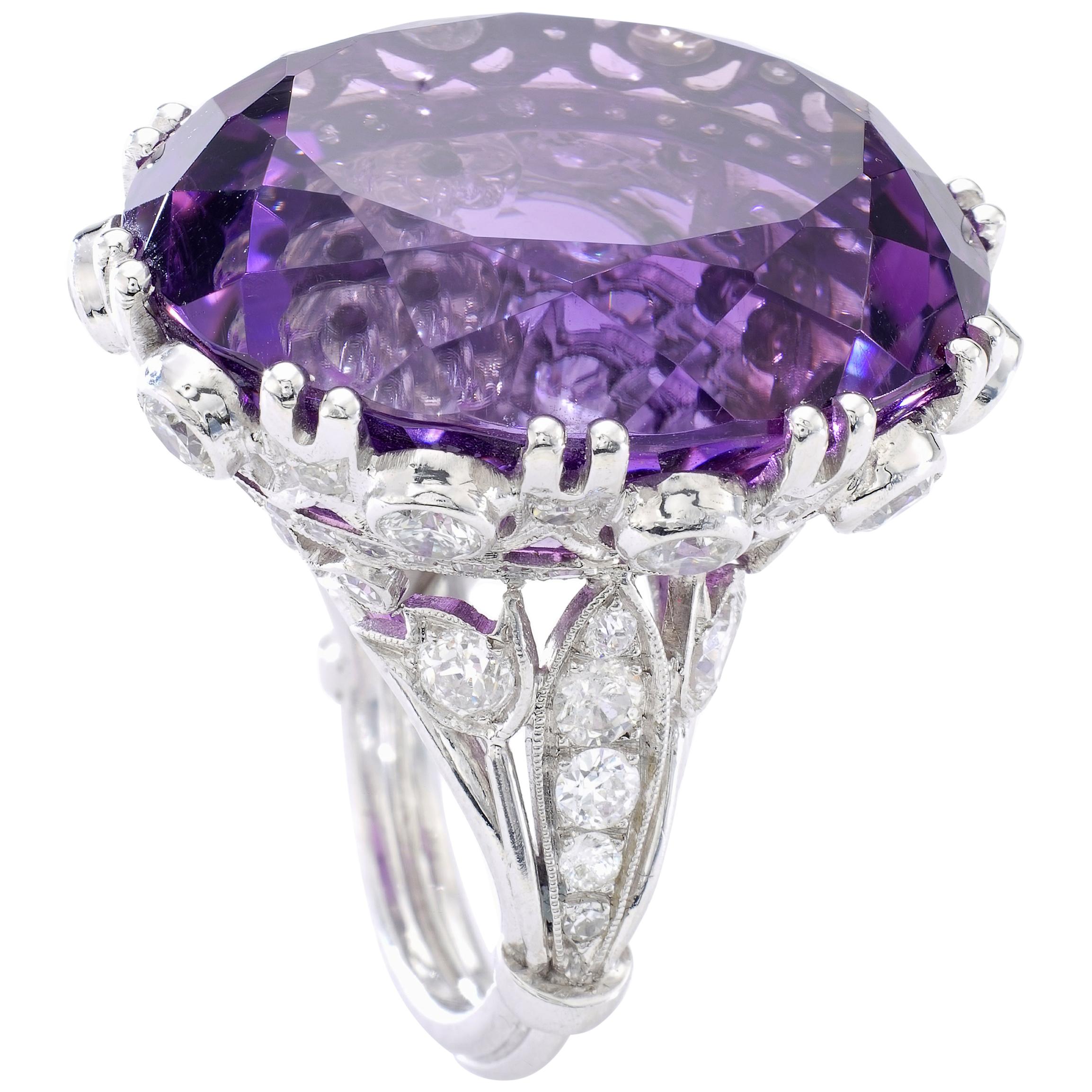Belle Epoque style Oversized Amethyst Centering Diamond Platinum Ring