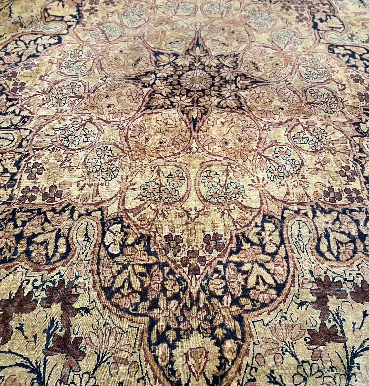 Vegetable Dyed Oversized Antique 19th Century Kerman Lavar Rug With Exquisite Floral Motifs For Sale