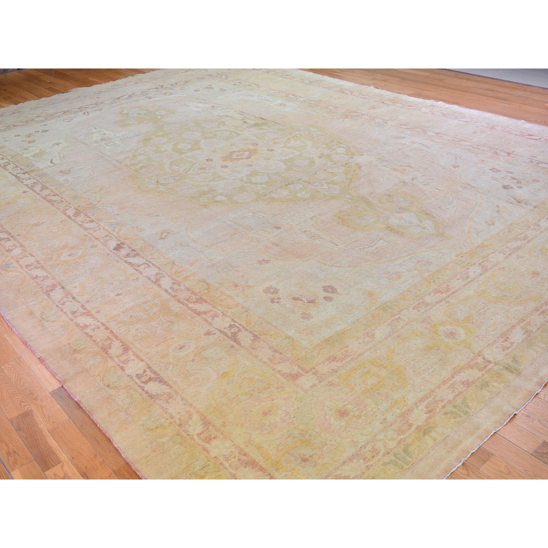 Medieval Oversized Antique Agra Good Cond Soft Colors Even Wear Pure Wool Handknotted Rug For Sale