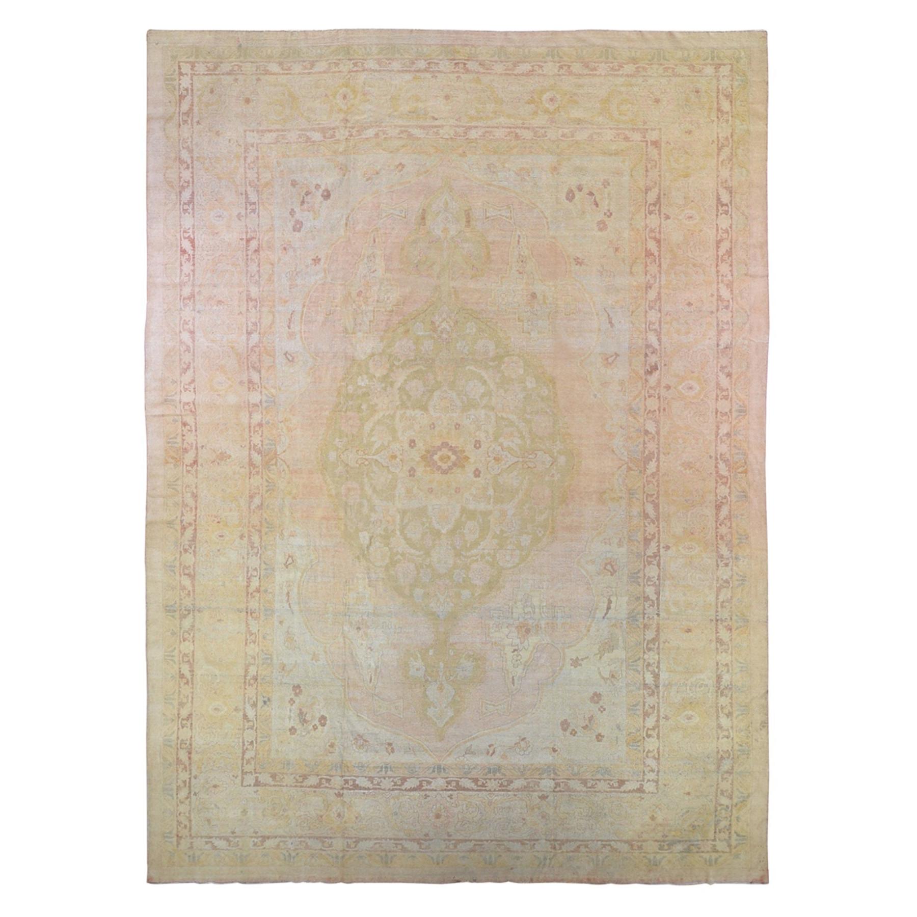 Oversized Antique Agra Good Cond Soft Colors Even Wear Pure Wool Handknotted Rug For Sale