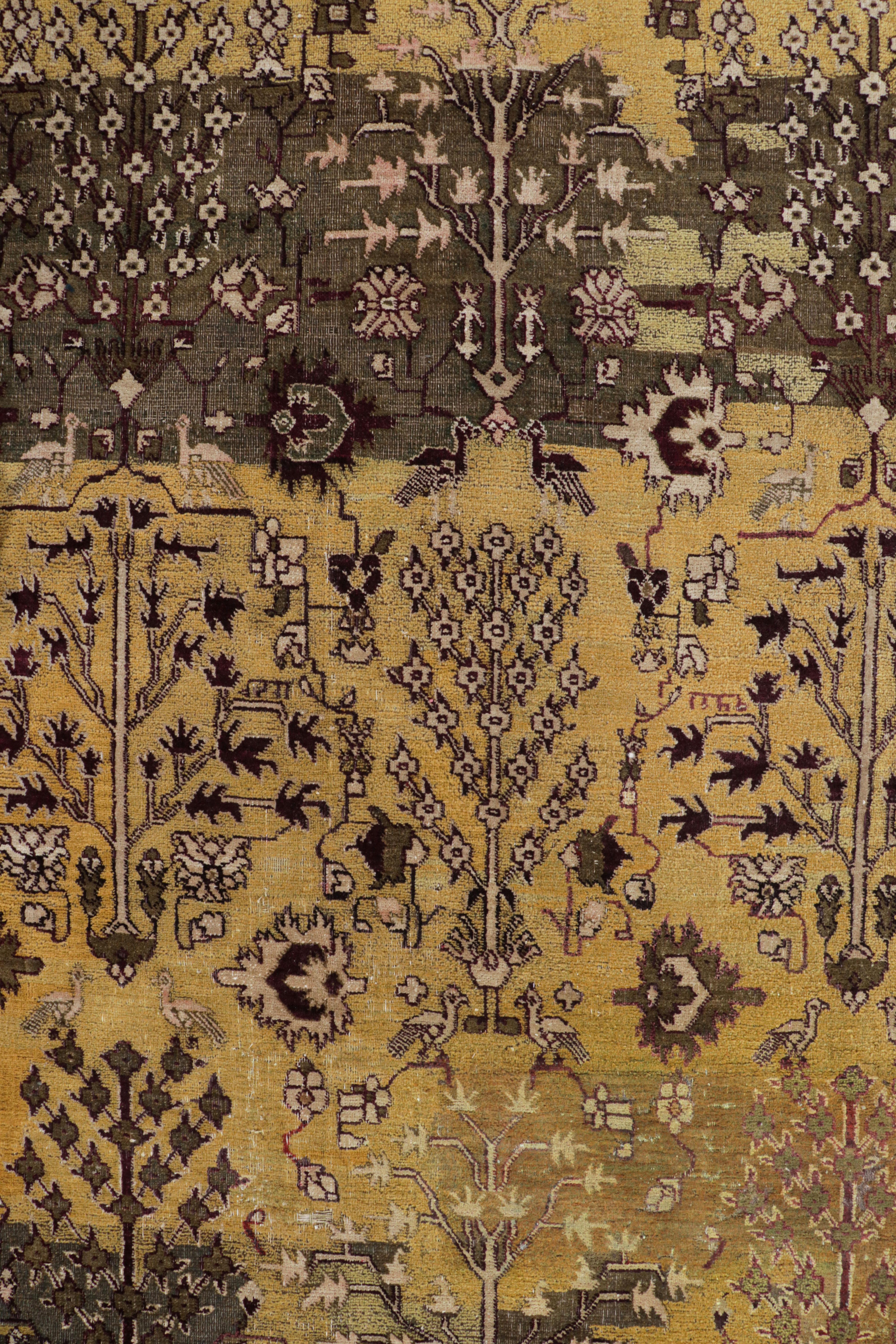 Hand-Knotted Oversized Antique Agra Rug in Gold with Floral Patterns - Rug & Kilim For Sale