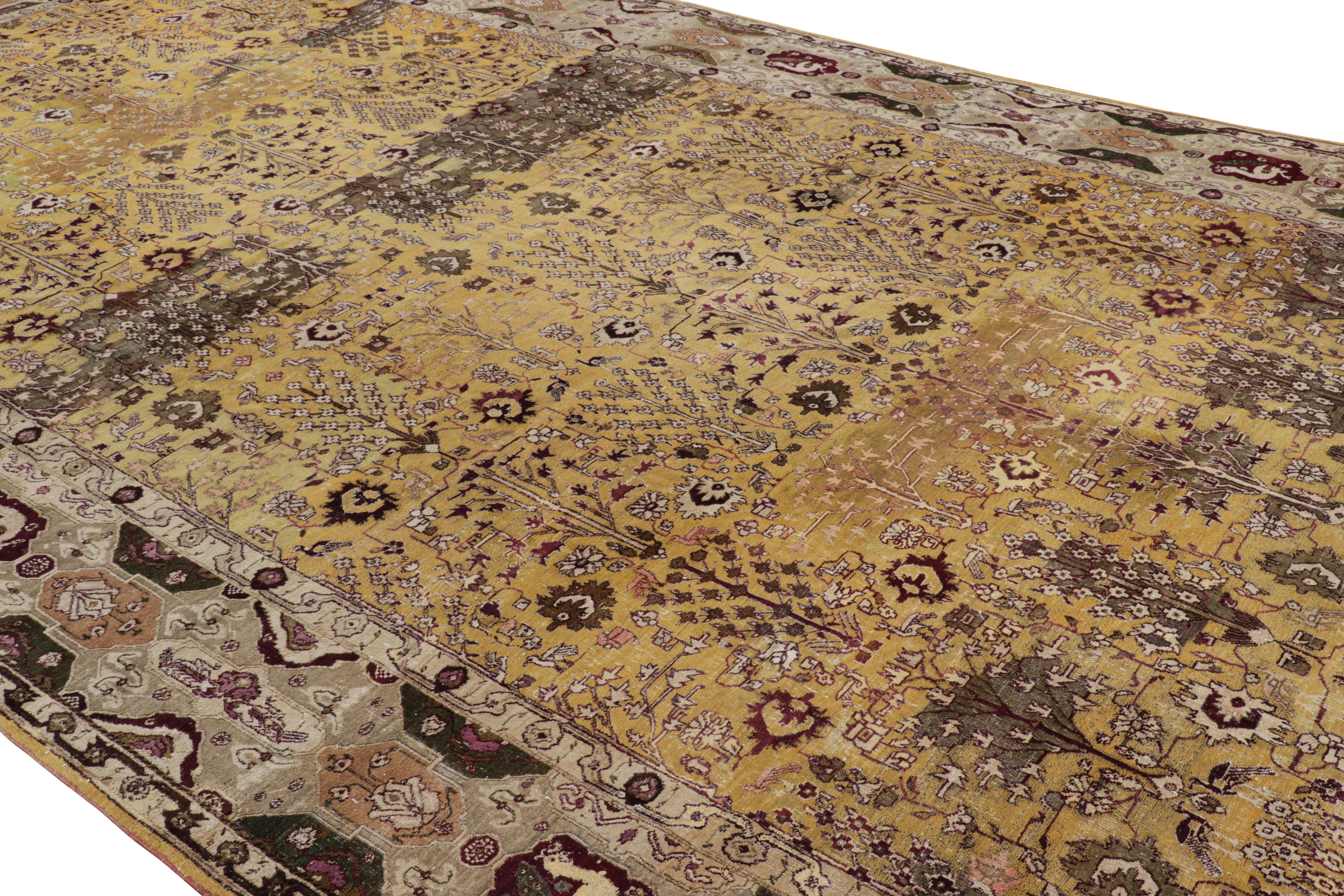 Wool Oversized Antique Agra Rug in Gold with Floral Patterns - Rug & Kilim For Sale