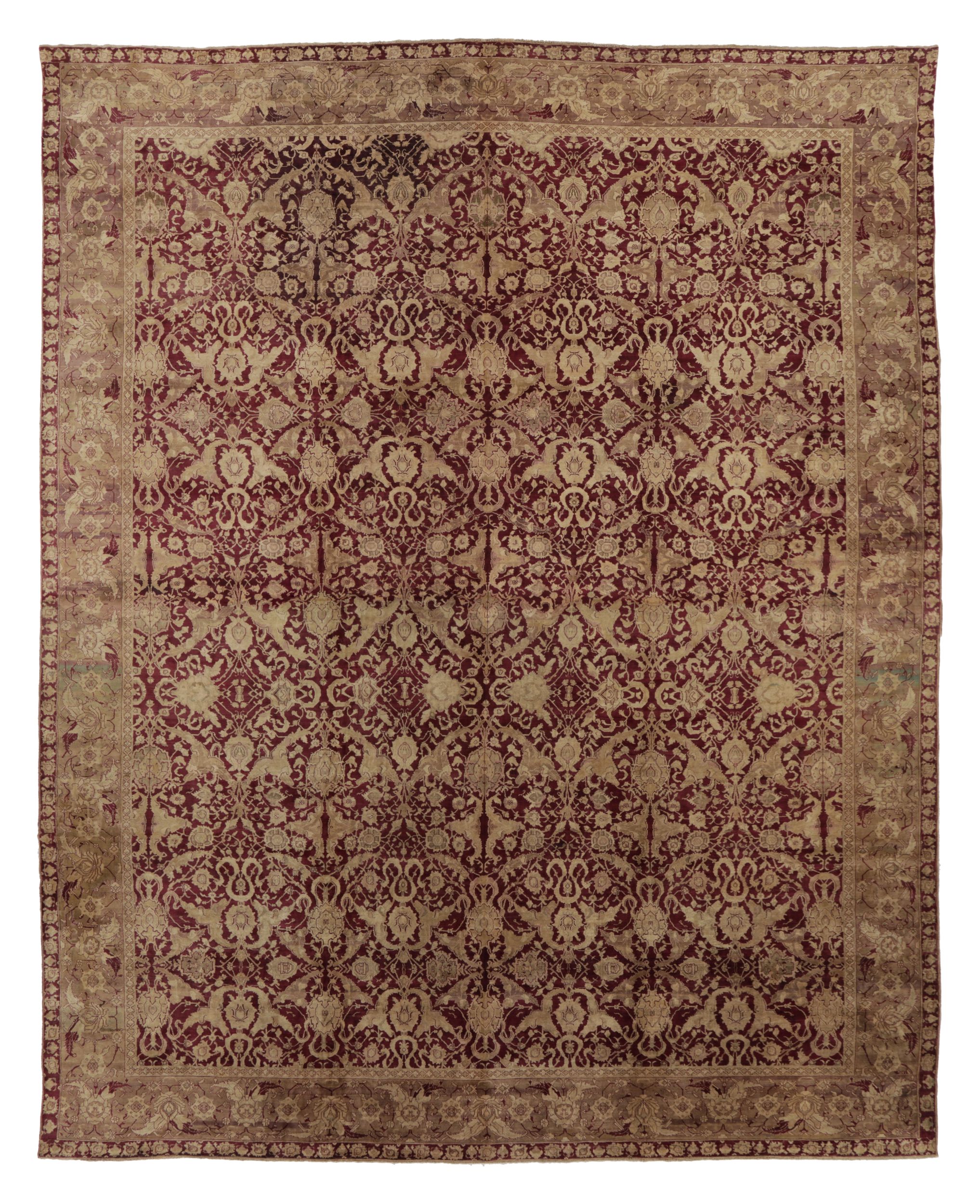 Oversized Antique Agra Rug in Red and Gold with Floral Pattern - Rug & Kilim