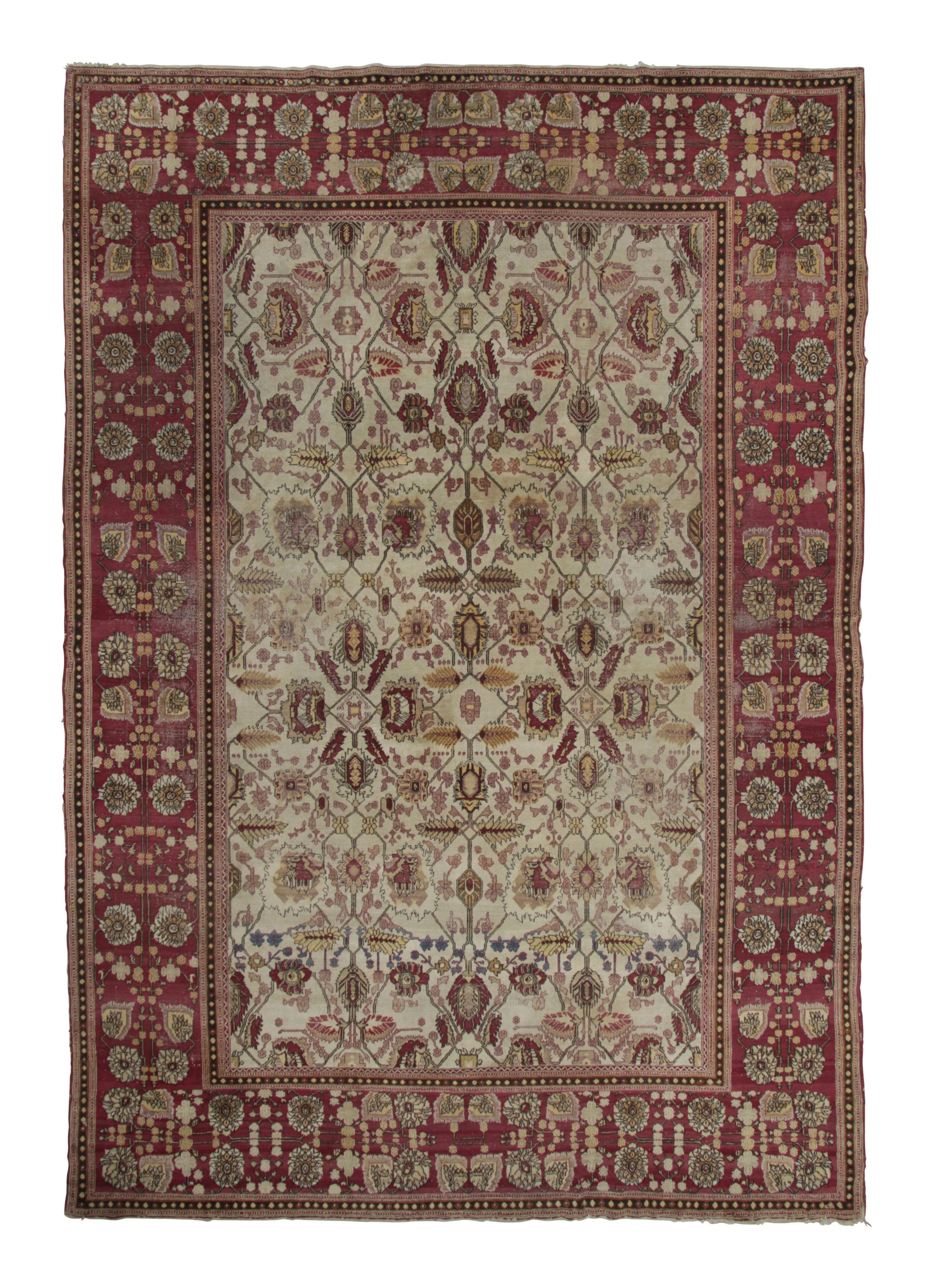 Oversized Antique Agra Rug in Red and Gold with Floral Pattern - Rug & Kilim