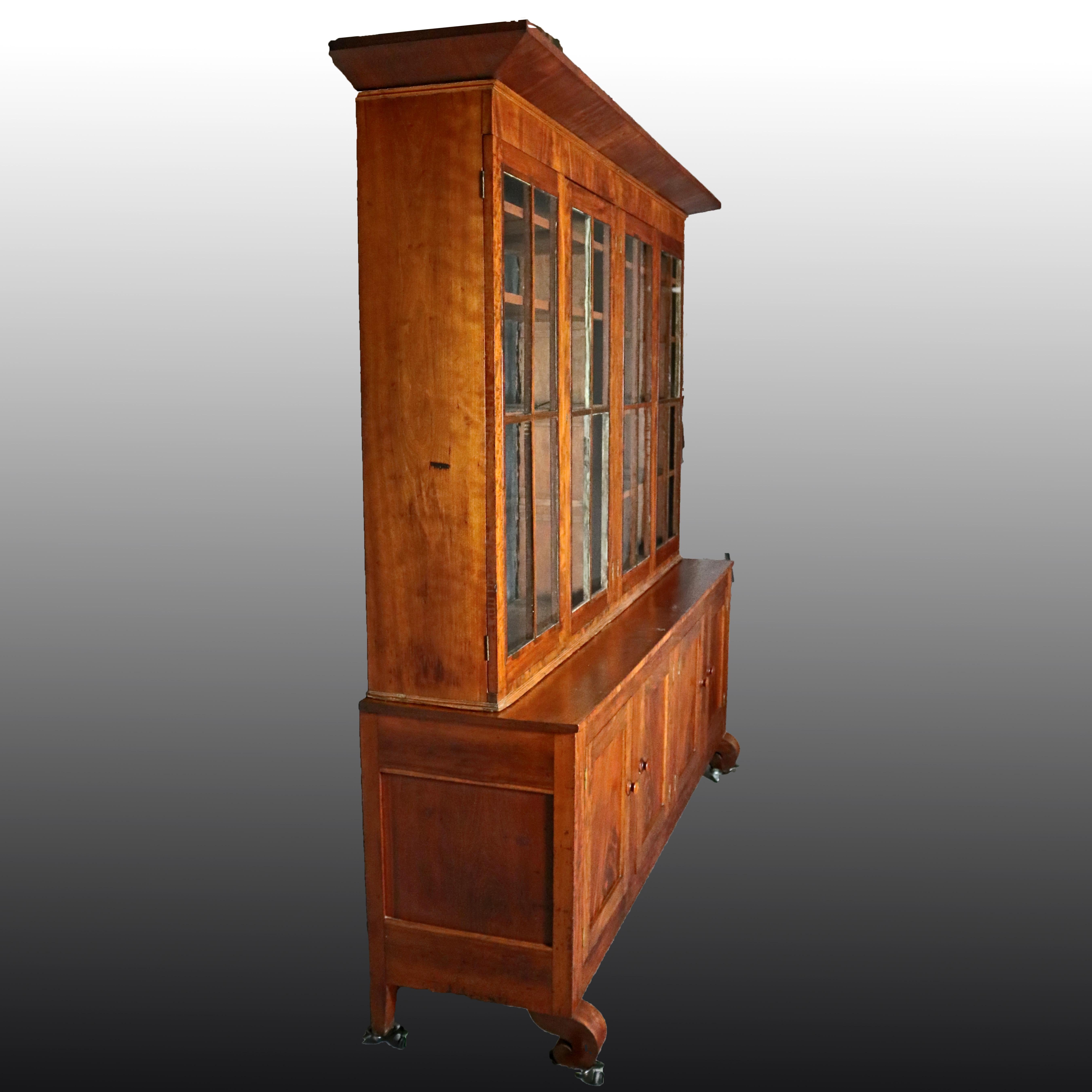 Oversized Antique American Empire Flame Mahogany Breakfront Cabinet, circa 1840 In Good Condition In Big Flats, NY