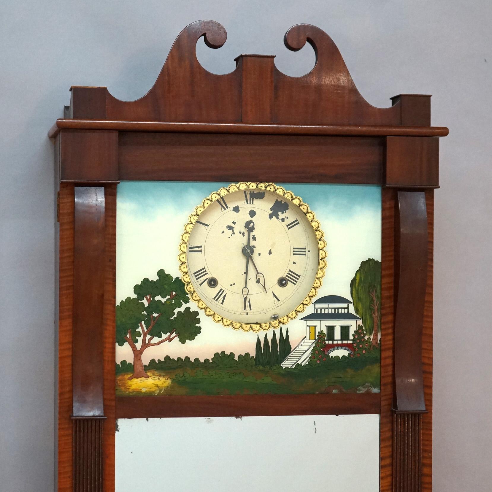 Large Antique American Empire Wall Clock with Mahogany Case & Hand Painted Eglomise Panels  C1840

Measures - 53.5