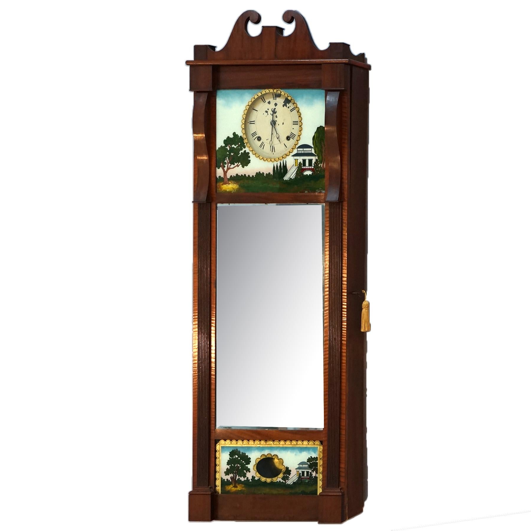 Hand-Painted Oversized Antique American Empire Hand Painted Eglomise Panel Wall Clock C1840 For Sale